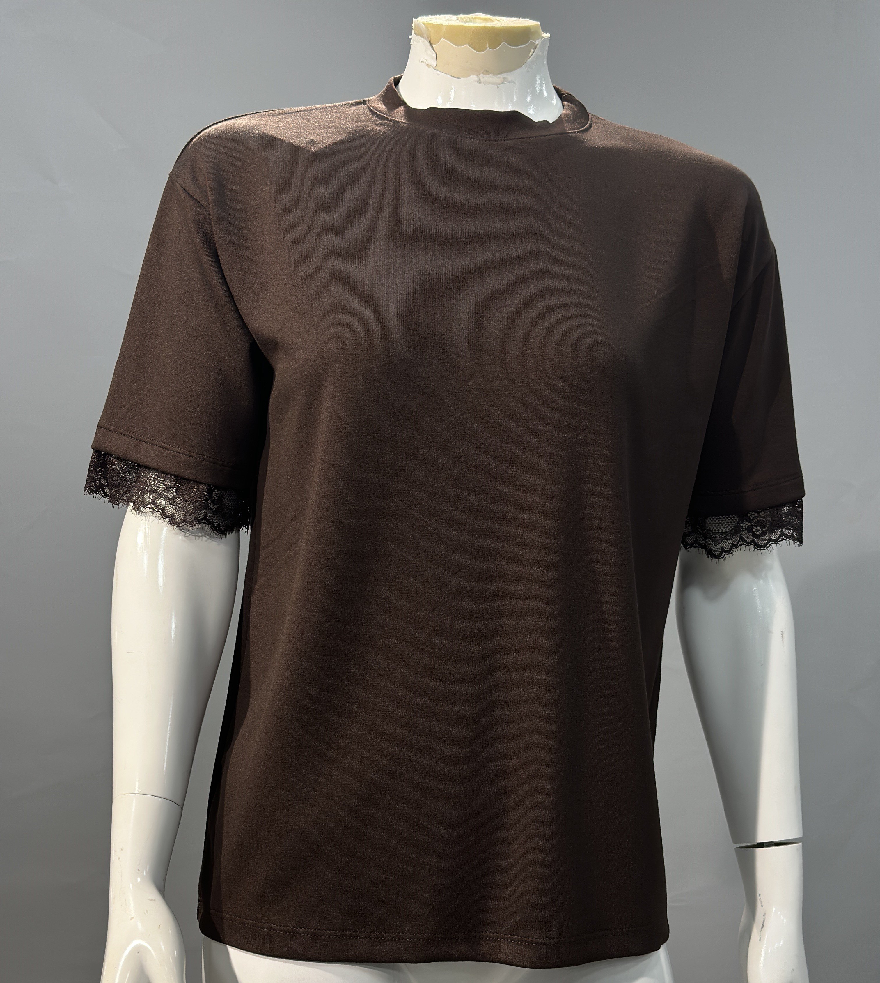 OLIVE-1555 TERS V DANTEL TSHIRT KAHVE