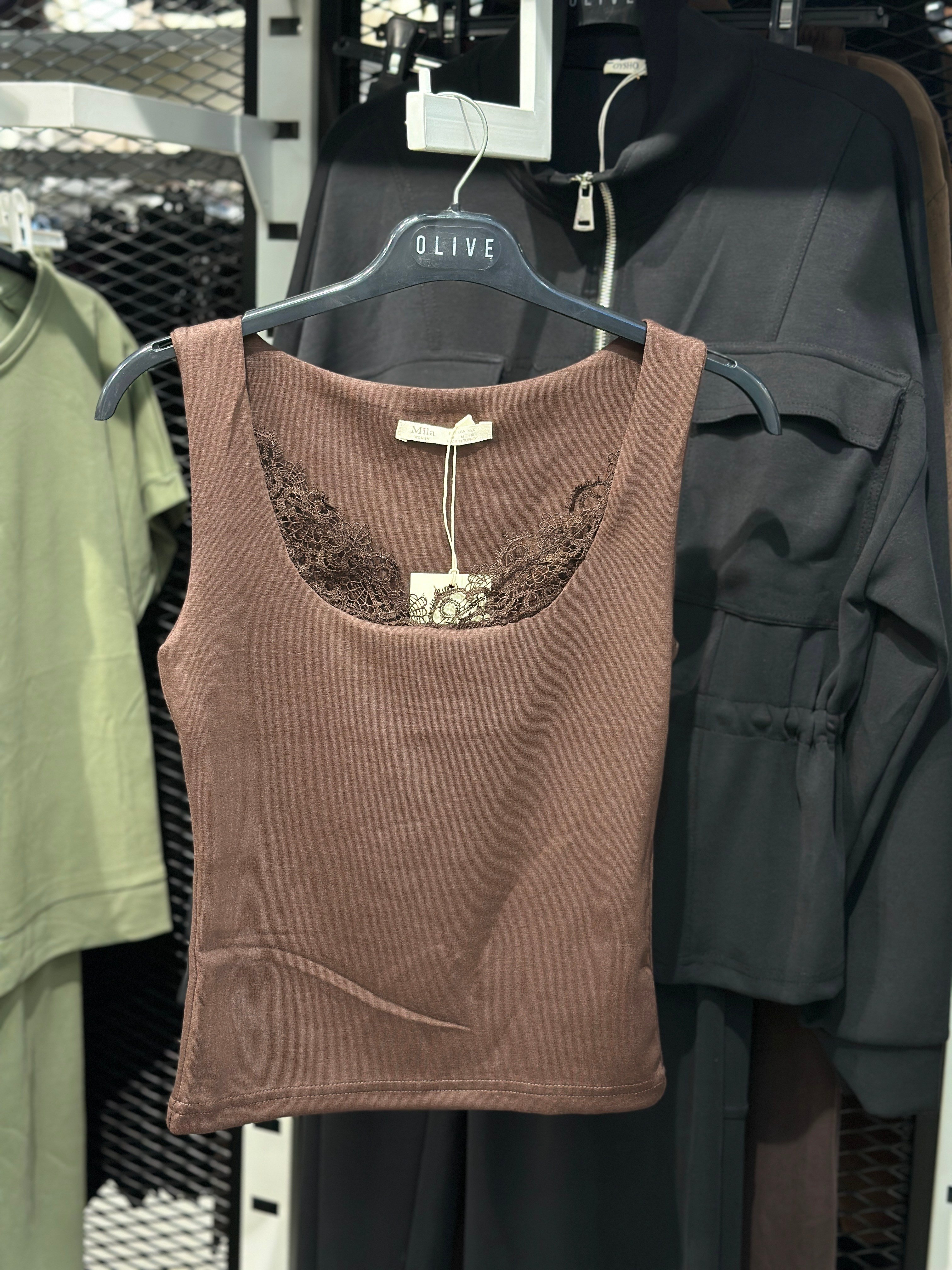 OLIVE-1574 DANTEL KARE YAKA BODY KAHVE