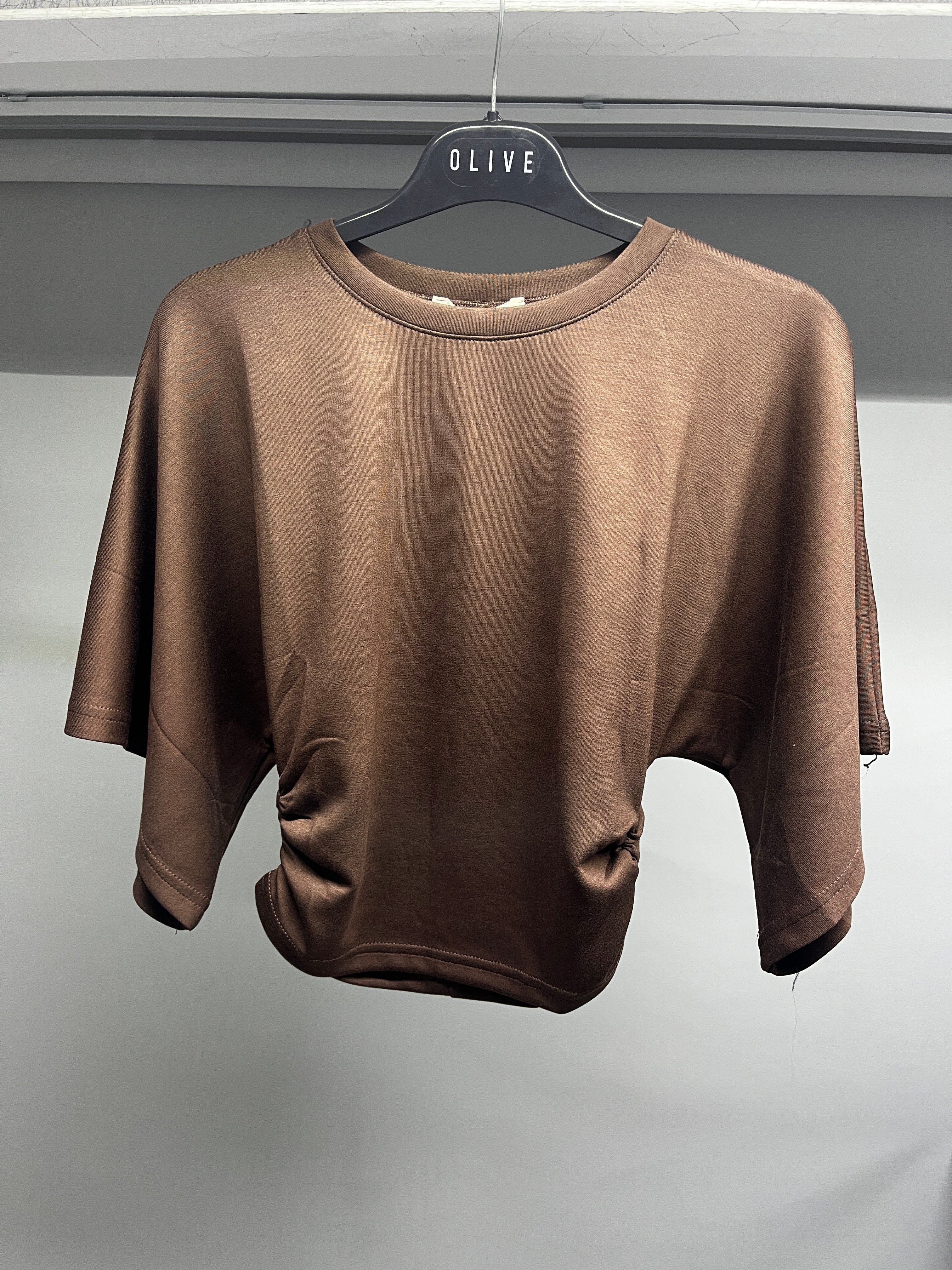 OLIVE-1587 YARASA KISA KOL BLUZ KAHVE