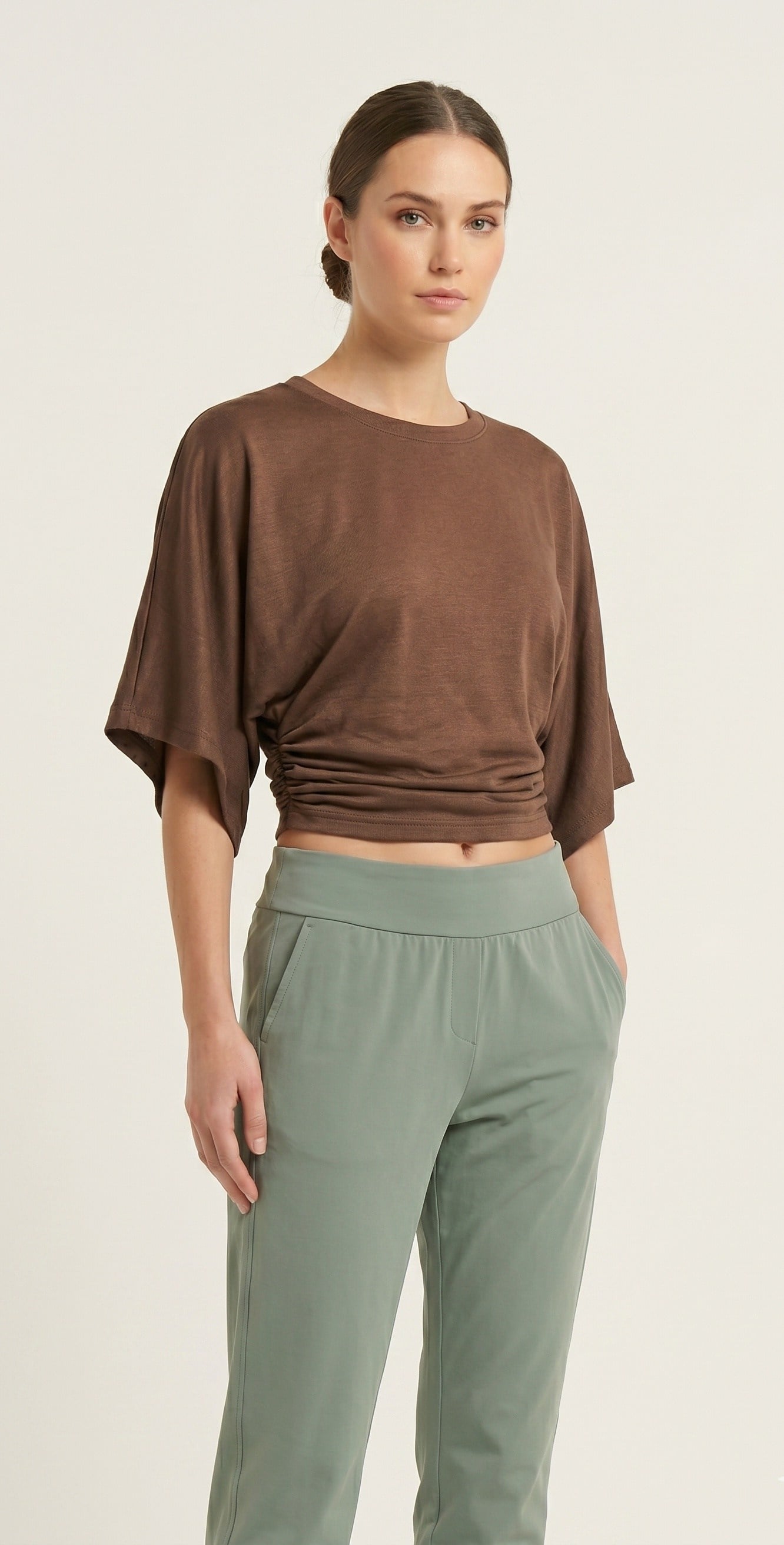 OLIVE-1587 YARASA KISA KOL BLUZ KAHVE