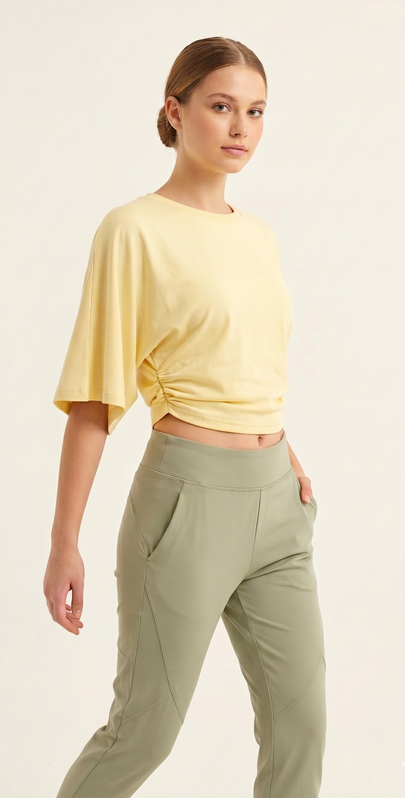 OLIVE-1587 YARASA KISA KOL BLUZ SARI