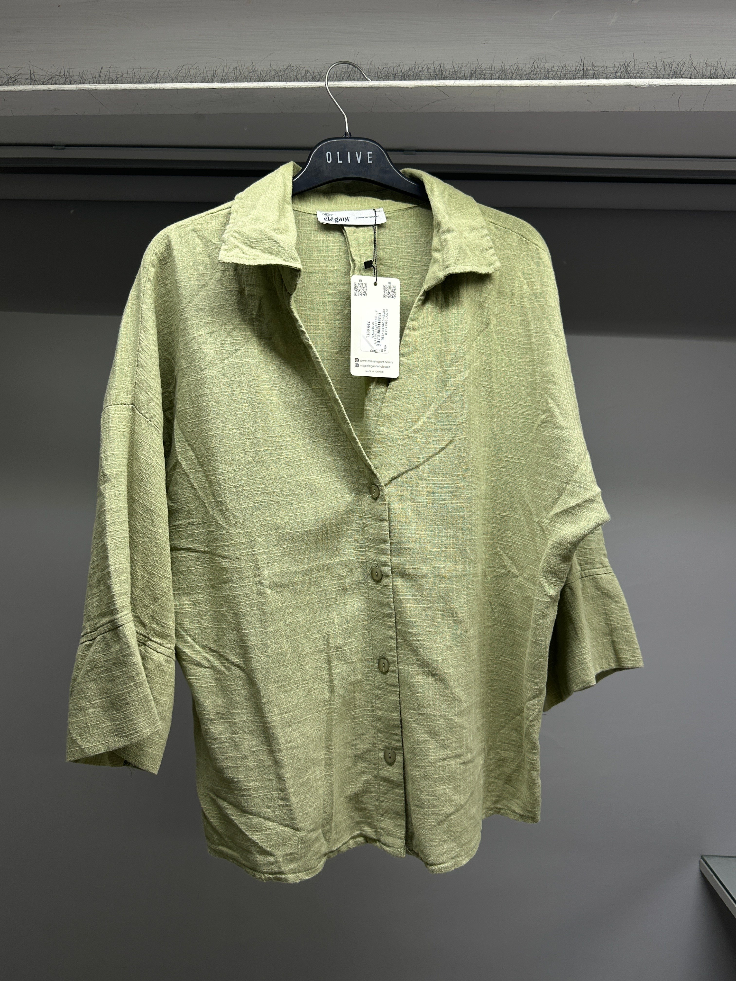 OLIVE-2463 FLAM KETEN GÖMLEK YEŞİL