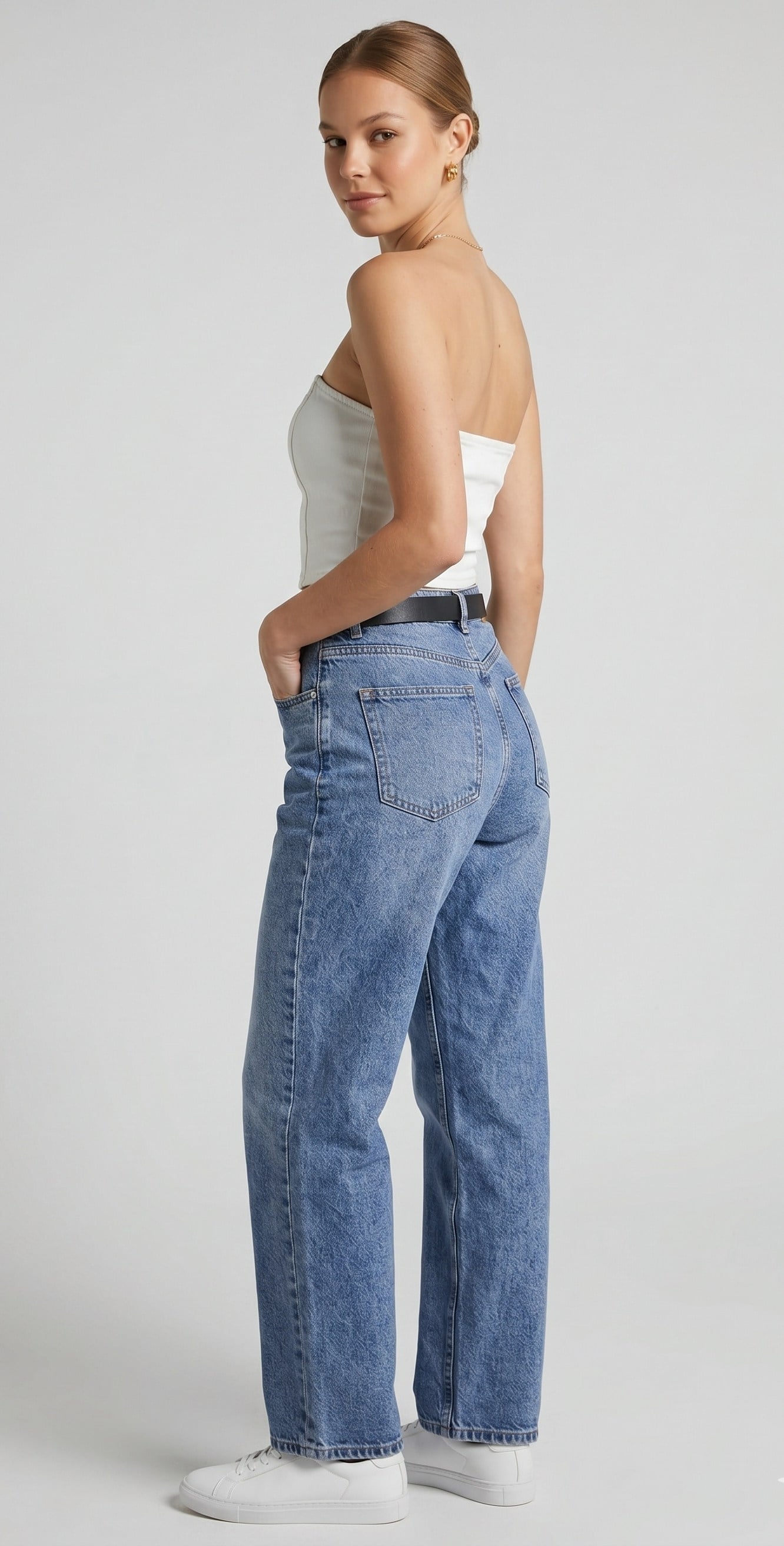 OLIVE-25605 KEMERLİ JEAN PANTOLON MAVİ