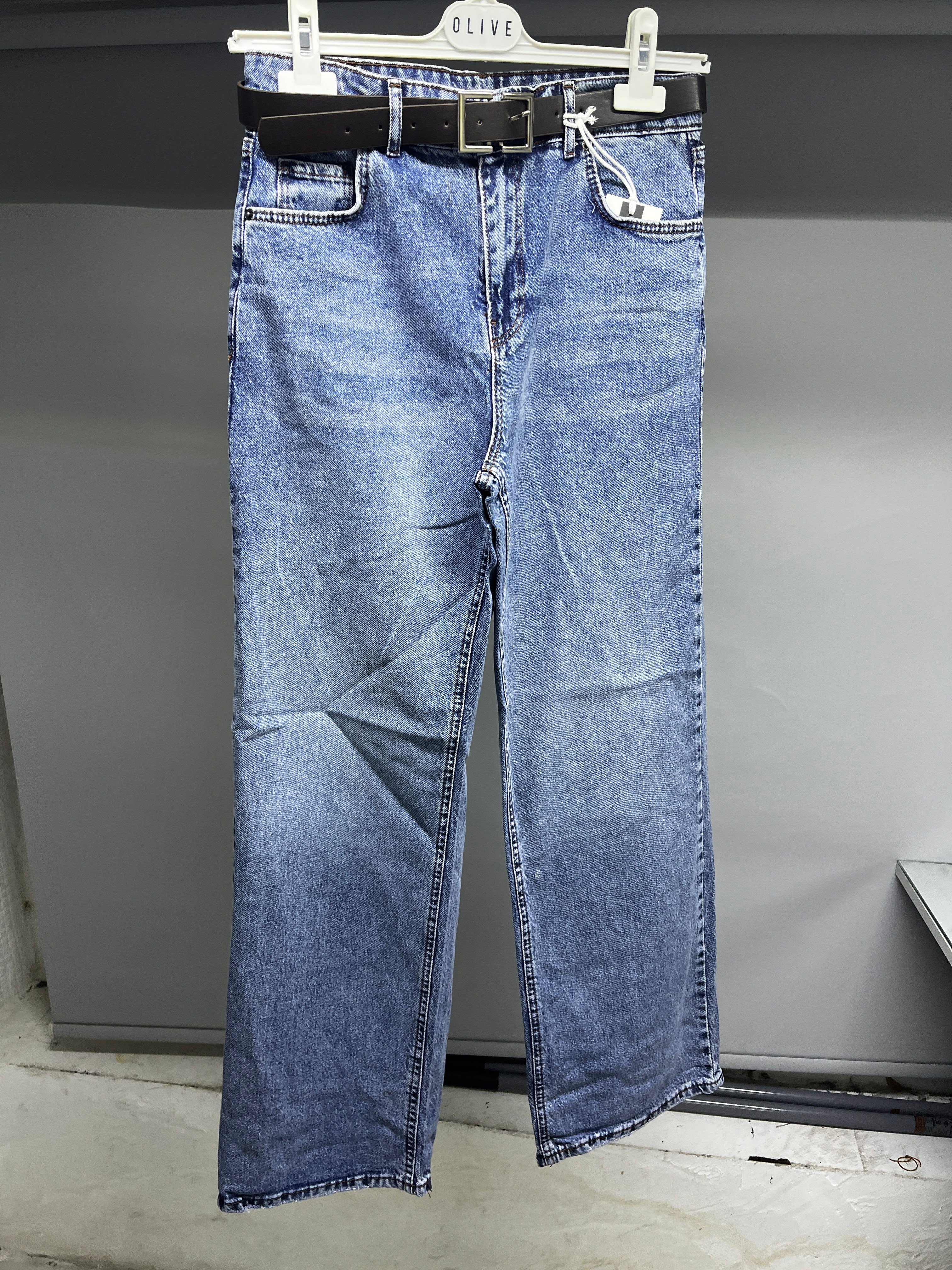 OLIVE-25605 KEMERLİ JEAN PANTOLON MAVİ