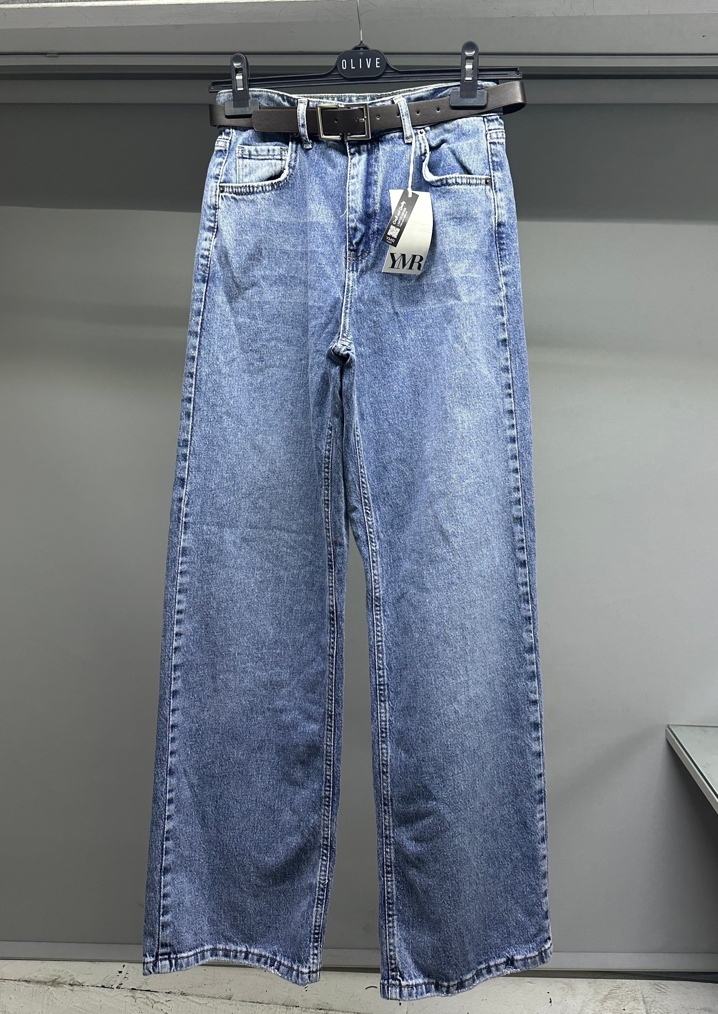 OLIVE-25605 KEMERLİ JEAN PANTOLON MAVİ