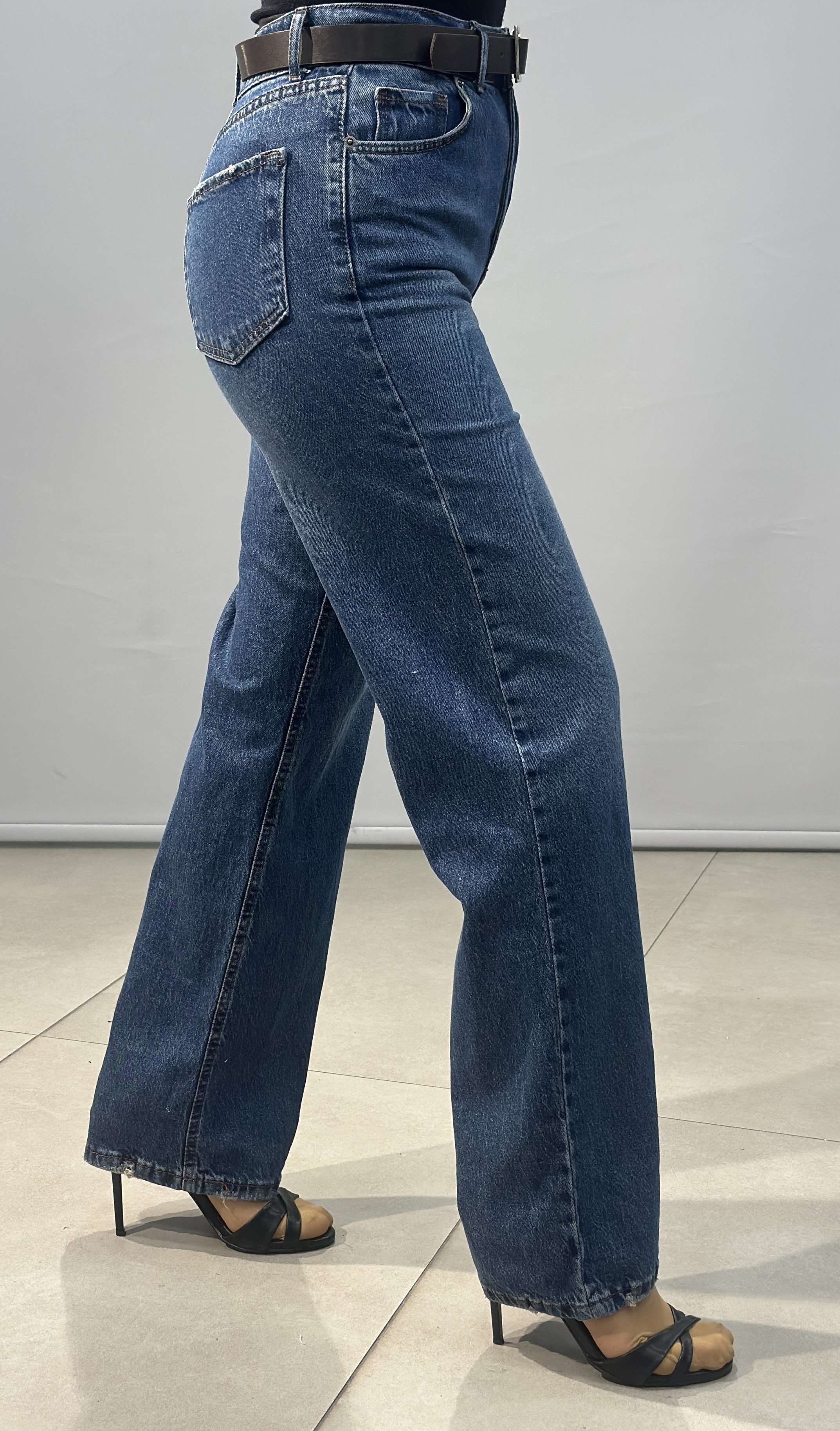 OLIVE-25606 KEMERLİ JEAN KOYU MAVİ