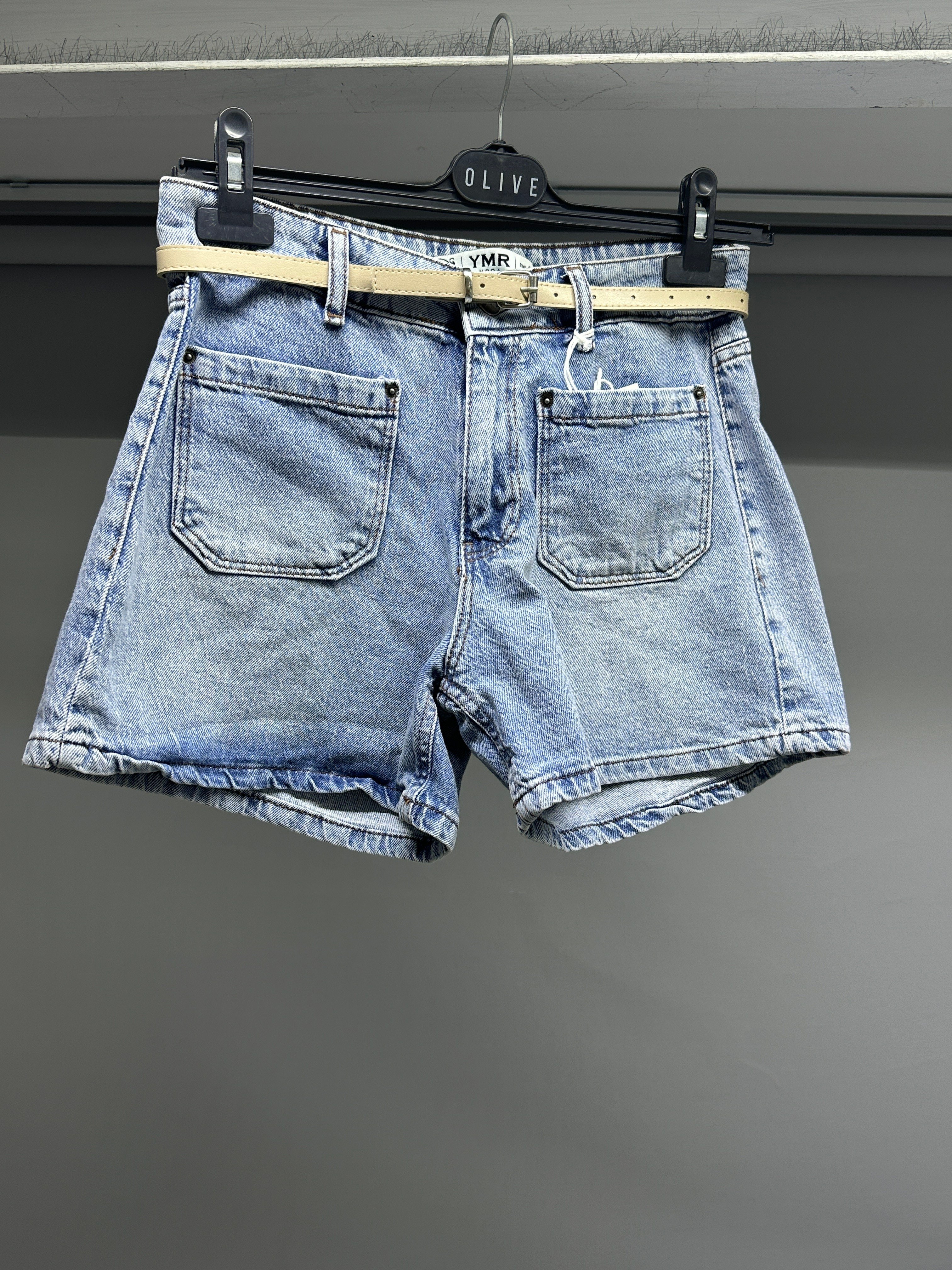 OLIVE-2613 KEMERLİ KOT ŞORT MAVİ