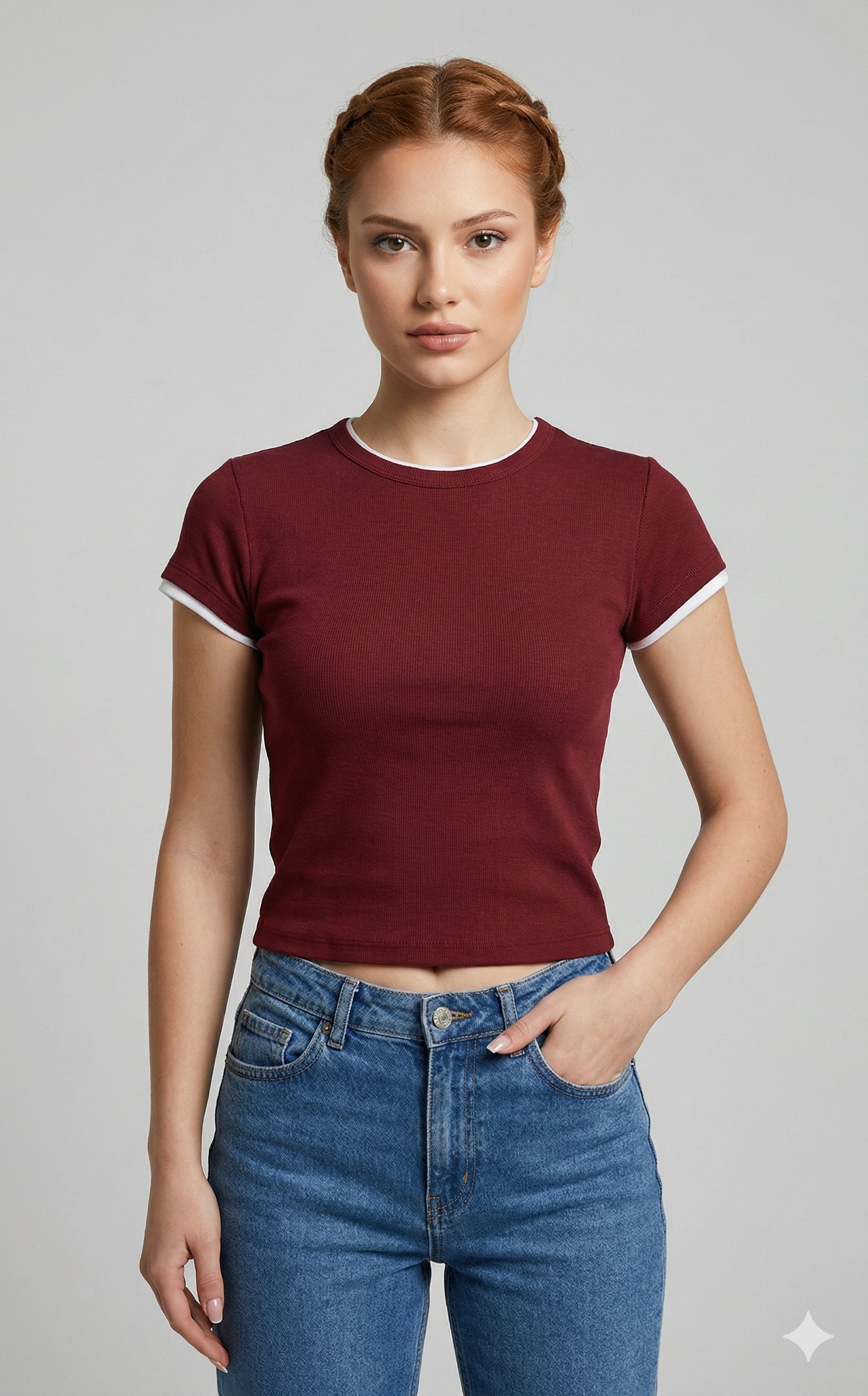 OLIVE-31750 KONTRAST TSHIRT AÇIK BORDO