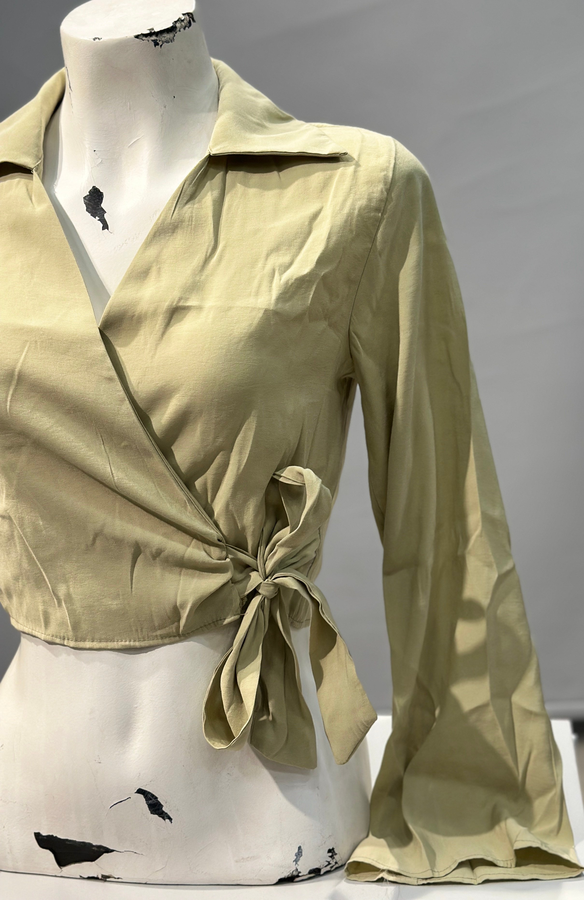OLIVE-4227 MODAL CROP BAĞ GÖMLEK MİNT YEŞİLİ