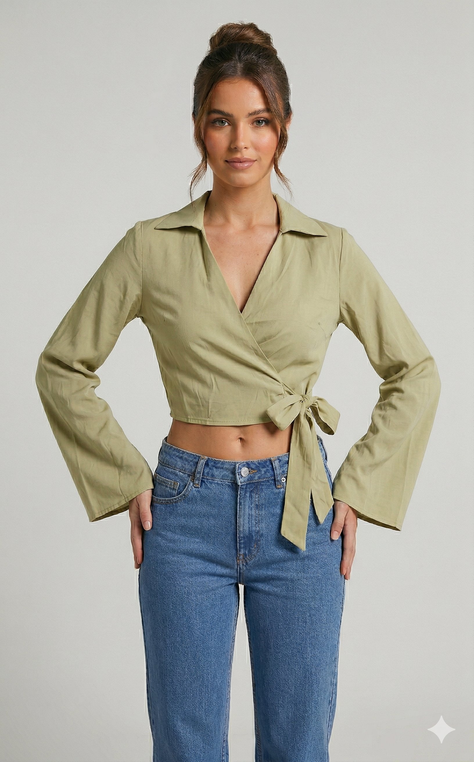 OLIVE-4227 MODAL CROP BAĞ GÖMLEK MİNT YEŞİLİ