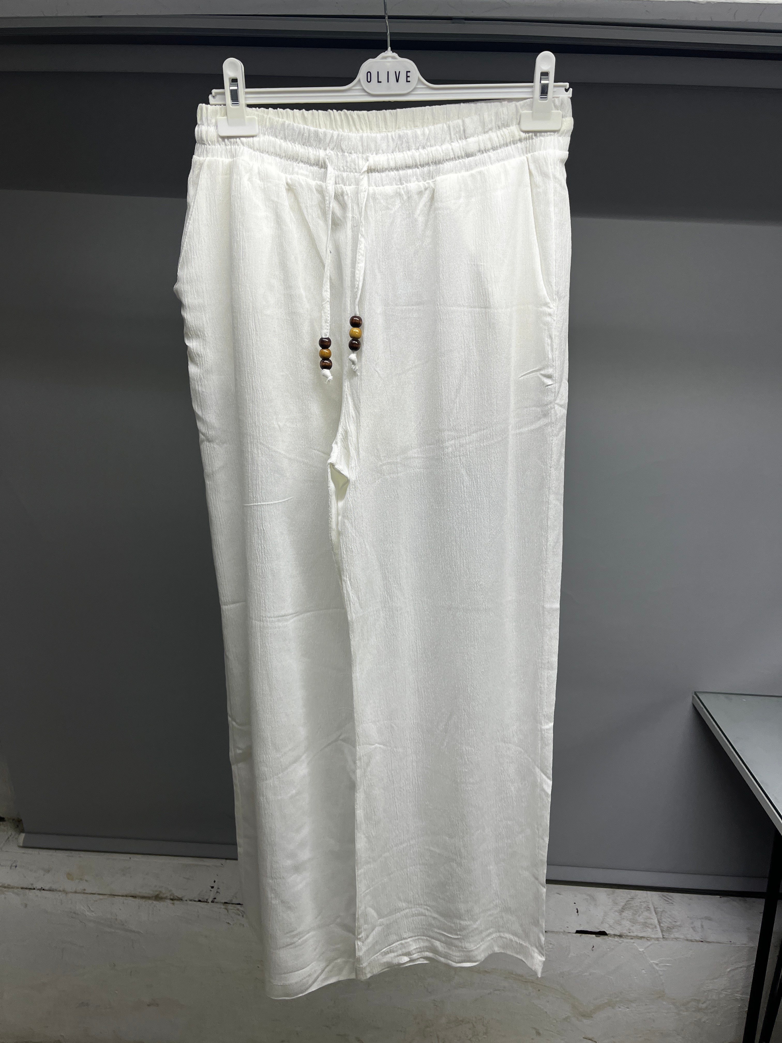OLIVE-4284 KRINKL PANTOLON BEYAZ