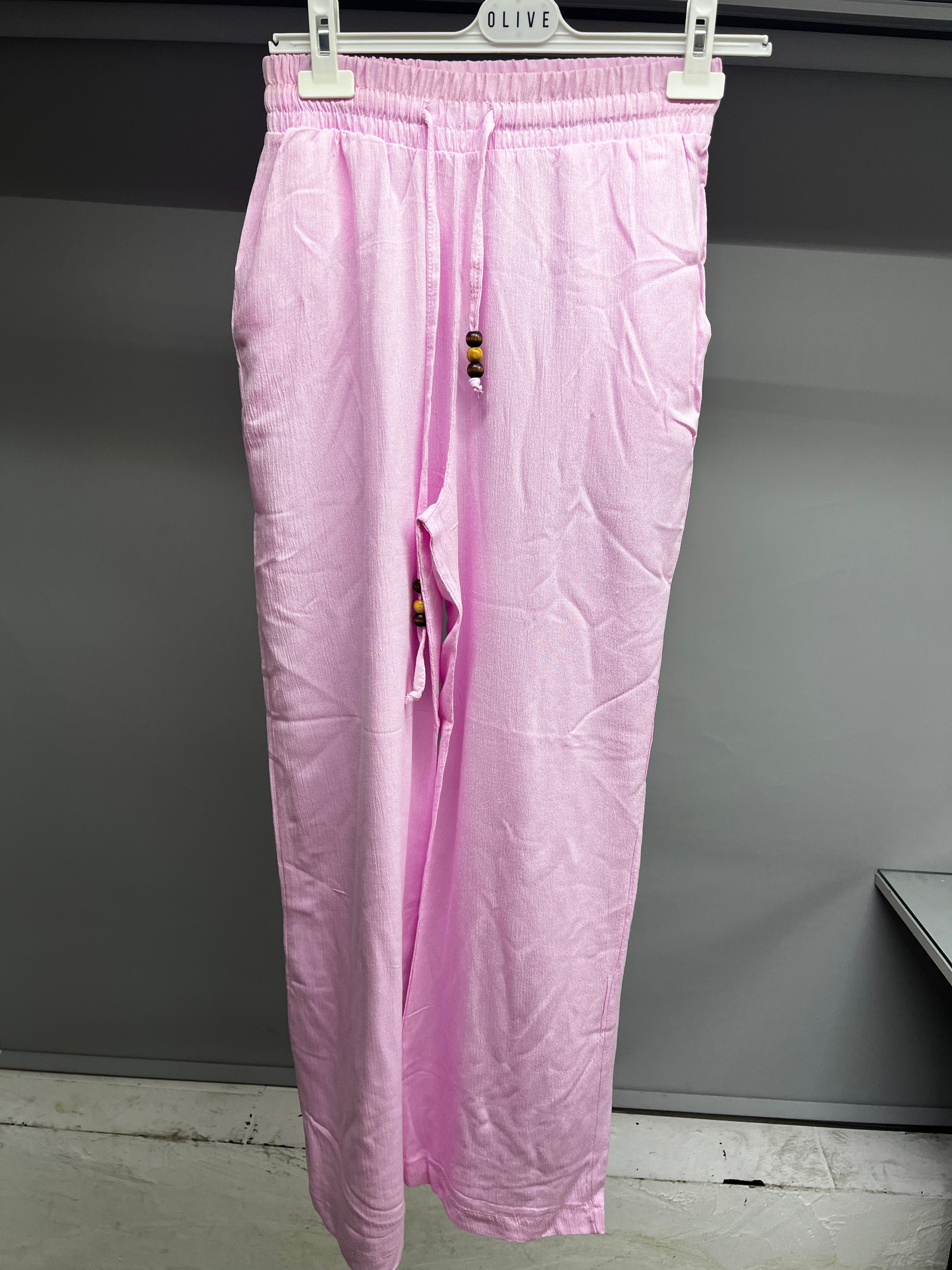 OLIVE-4284 KRINKL PANTOLON PEMBE