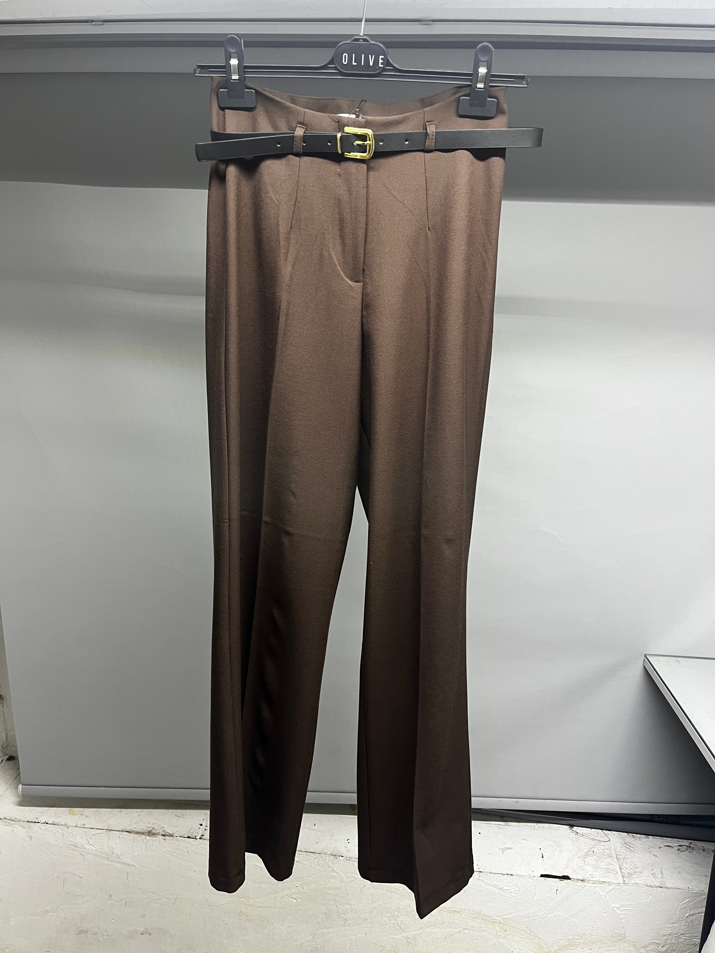 OLIVE-4296 KEMERLİ PANTOLON KAHVE