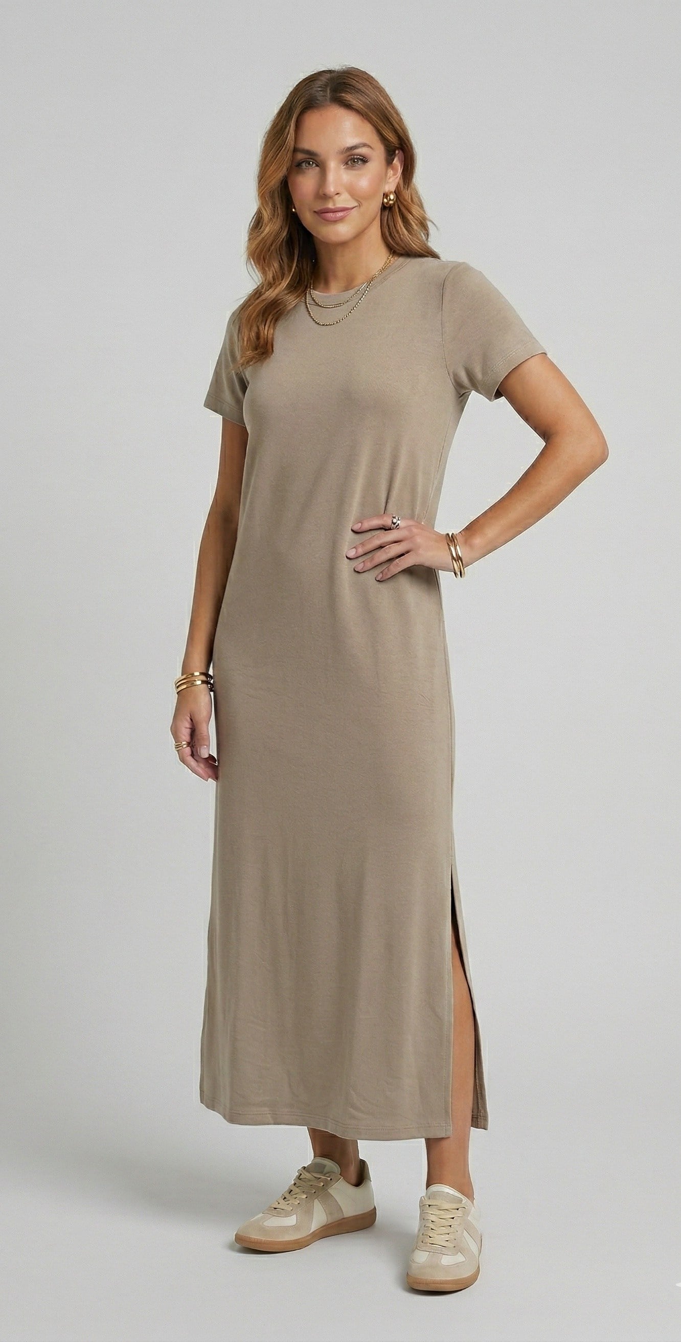 OLIVE-4512 KISA KOL ELBİSE BEJ