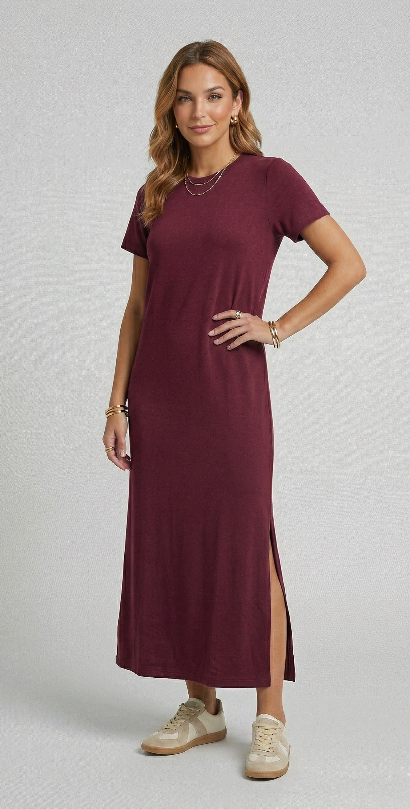 OLIVE-4512 KISA KOL ELBİSE BORDO