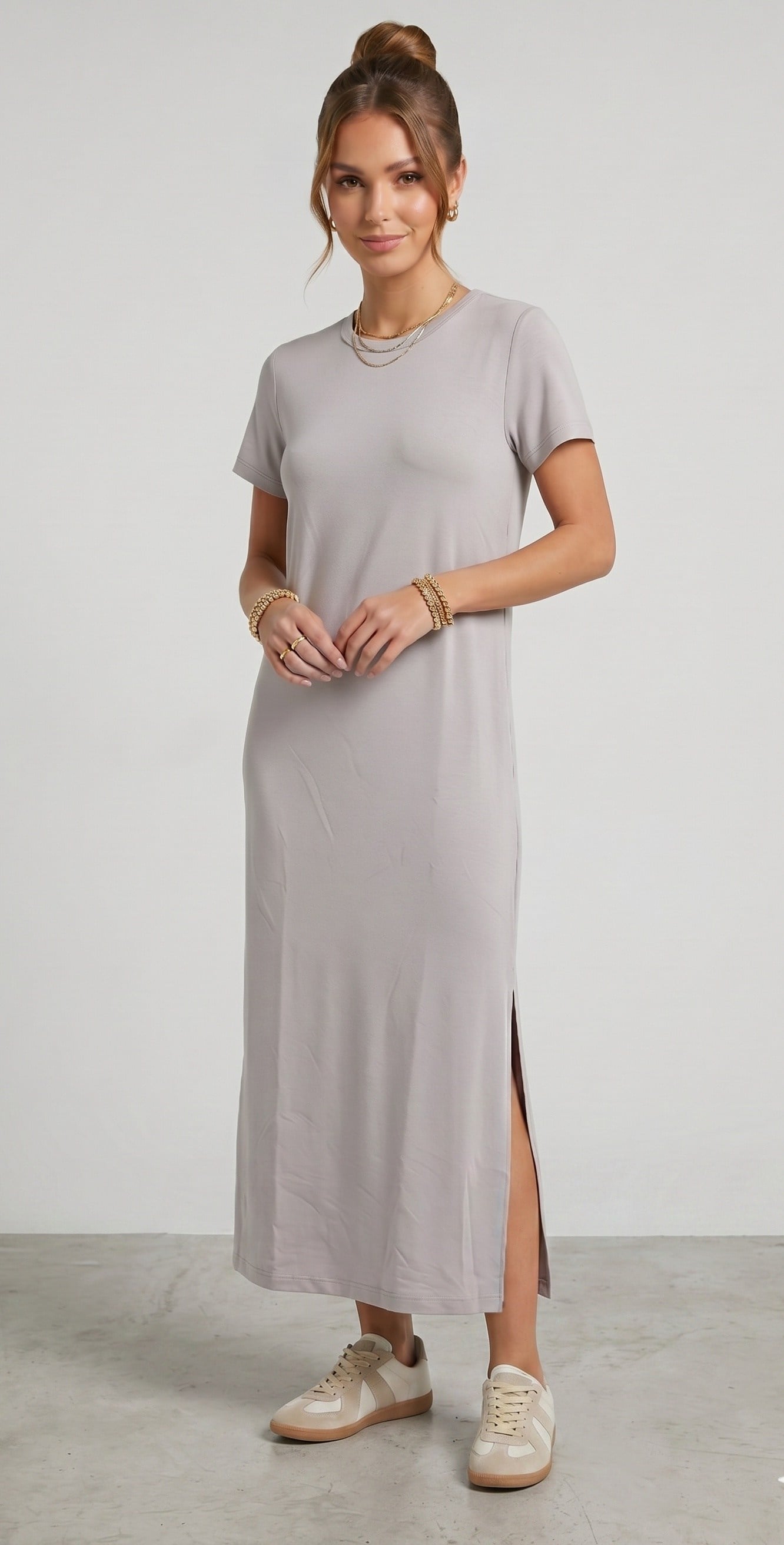 OLIVE-4512 KISA KOL ELBİSE GRİ
