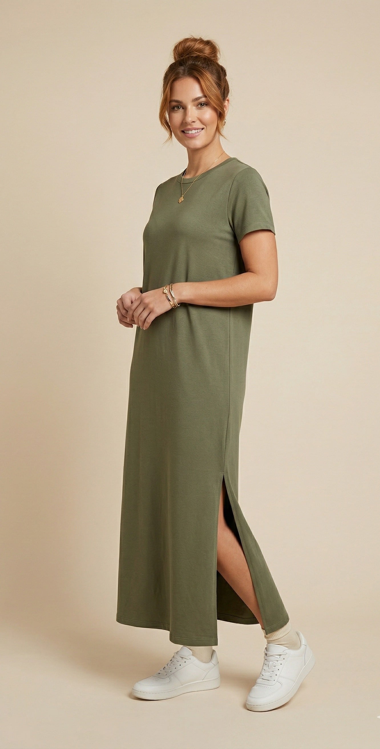 OLIVE-4512 KISA KOL ELBİSE YEŞİL