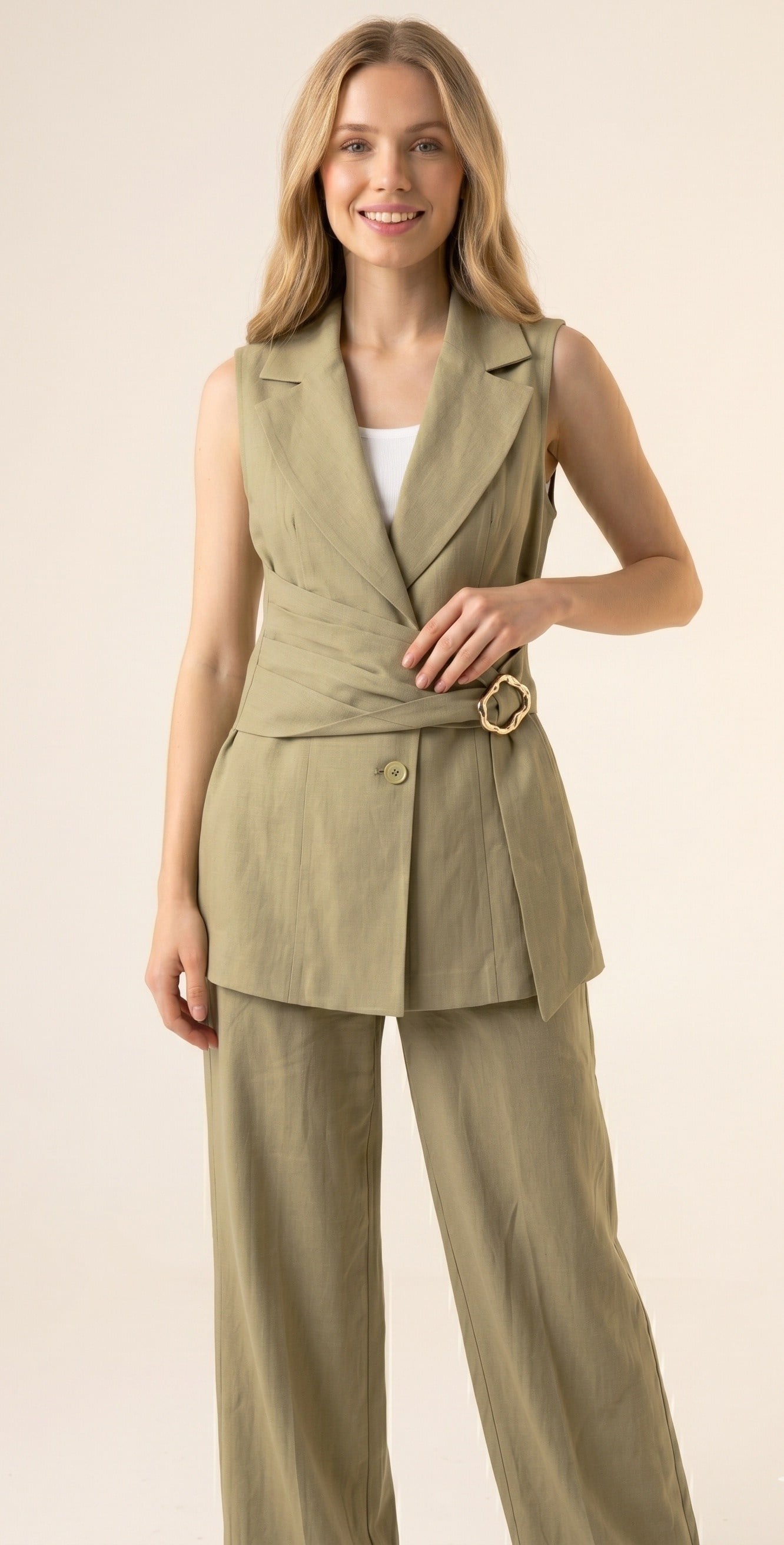 OLIVE-4641 TENSEL KUMAŞ YELEK HAKİ