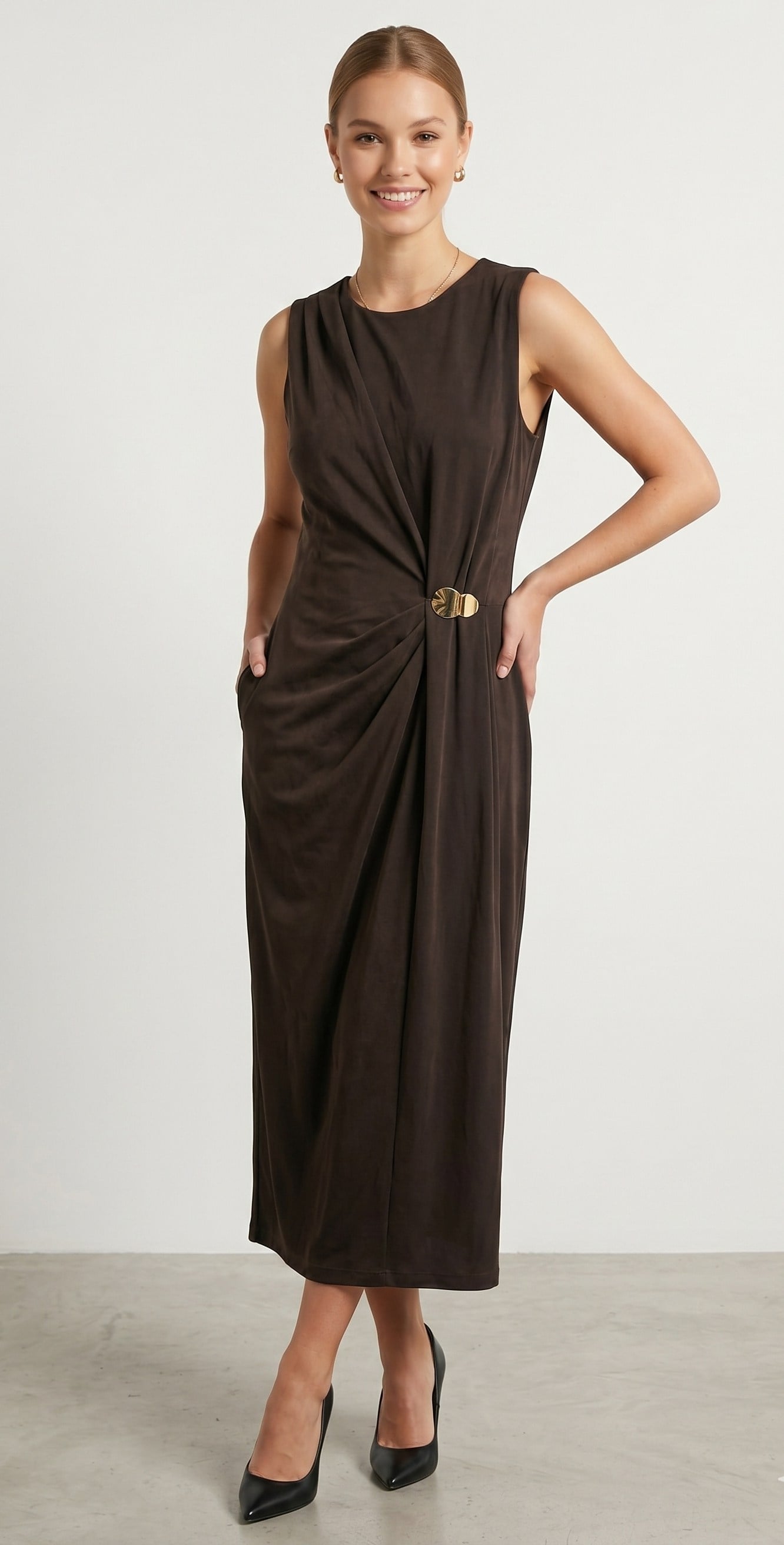 OLIVE-4750 MODAL TOKA ELBİSE KAHVE