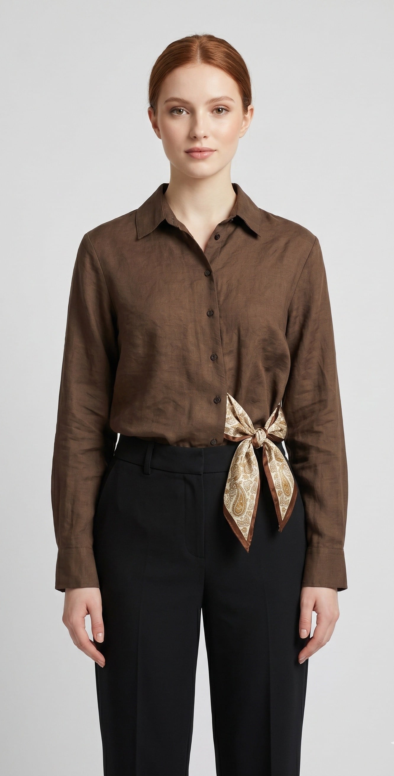 OLIVE-4859 FULAR BAĞ. BLUZ KAHVE