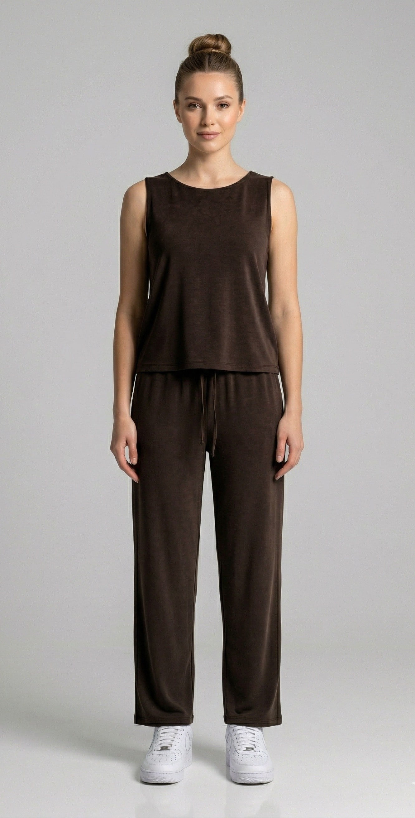 OLIVE-4892 PİKE KOLSUZ MODAL TAKIM KOYU KAHVE