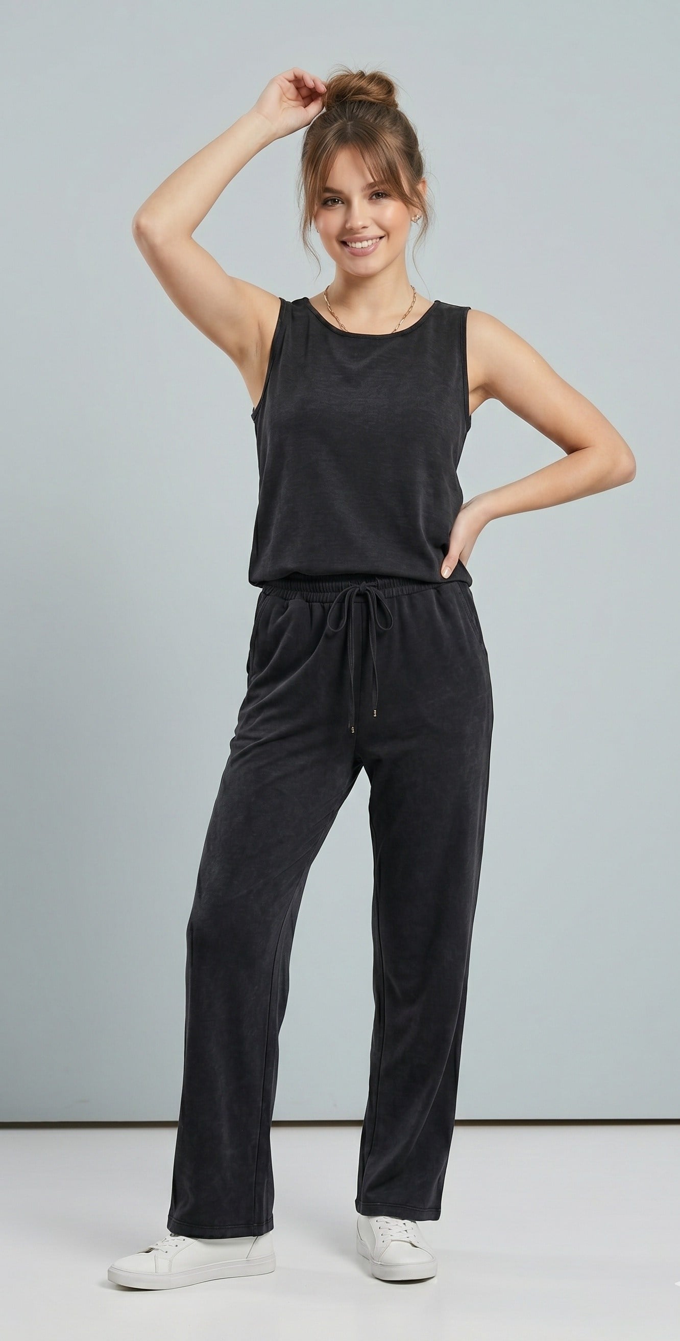 OLIVE-4892 PİKE KOLSUZ MODAL TAKIM SİYAH