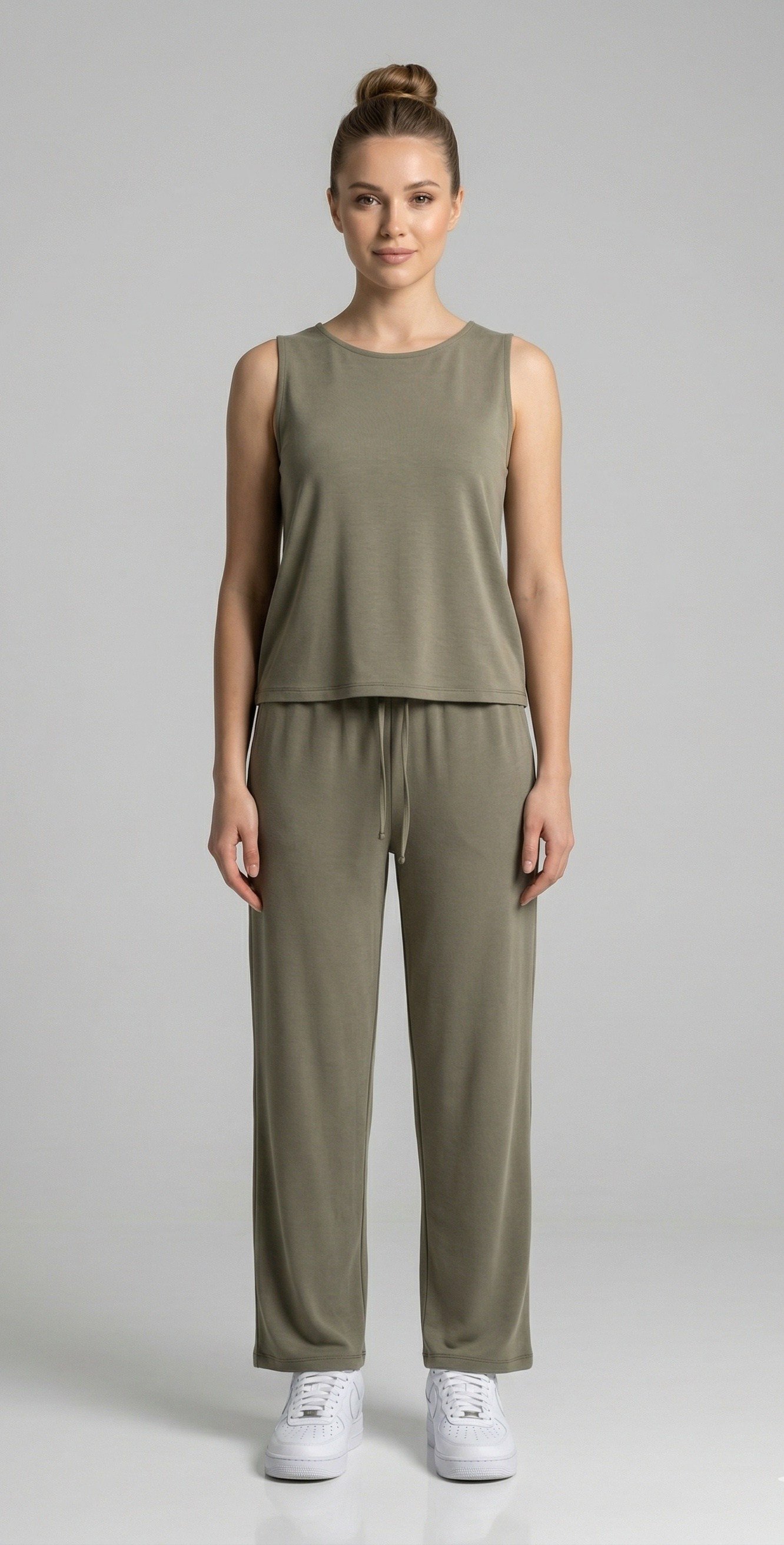 OLIVE-4892 PİKE KOLSUZ MODAL TAKIM YEŞİL