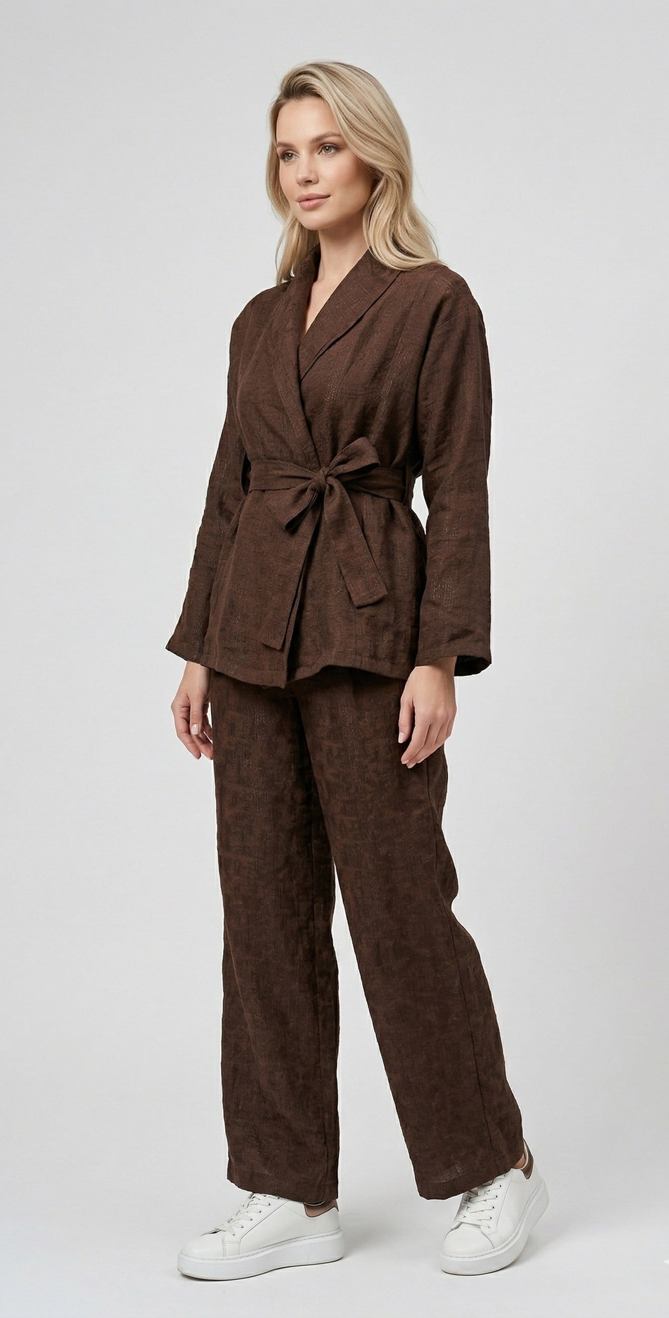 OLIVE-51100 KIMONO TAKIM KAHVE