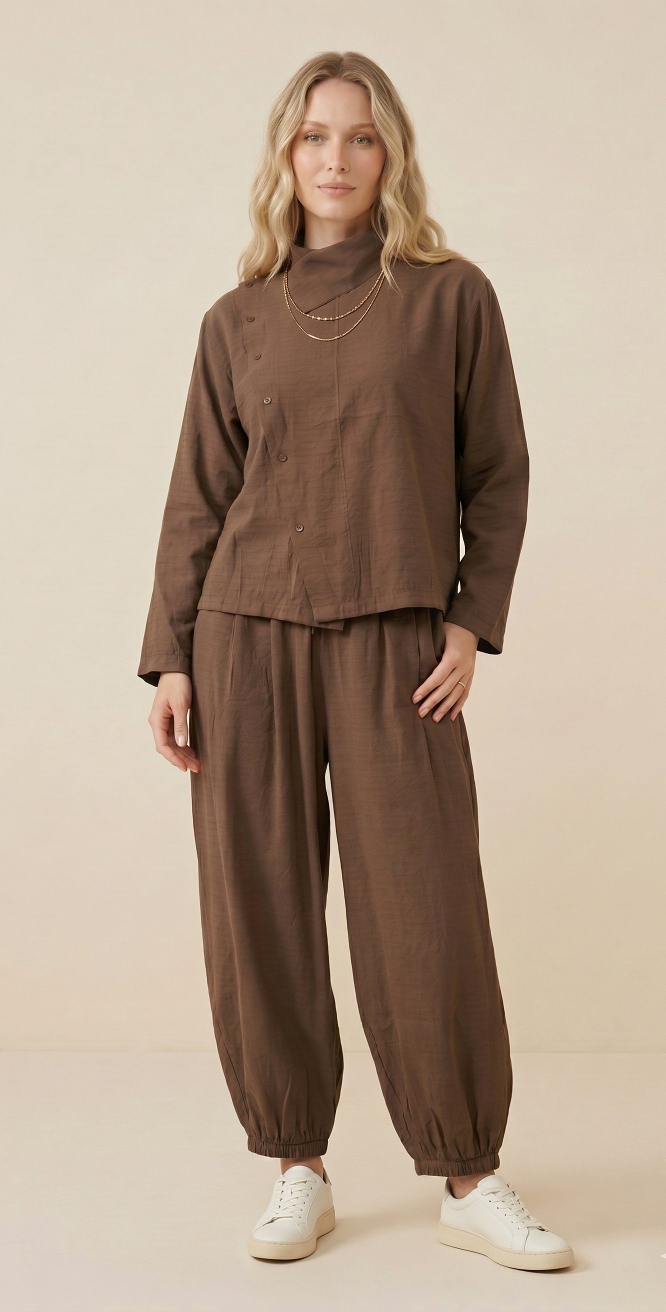 OLIVE-51318 DİK YAKA ŞALVAR TAKIM KAHVE