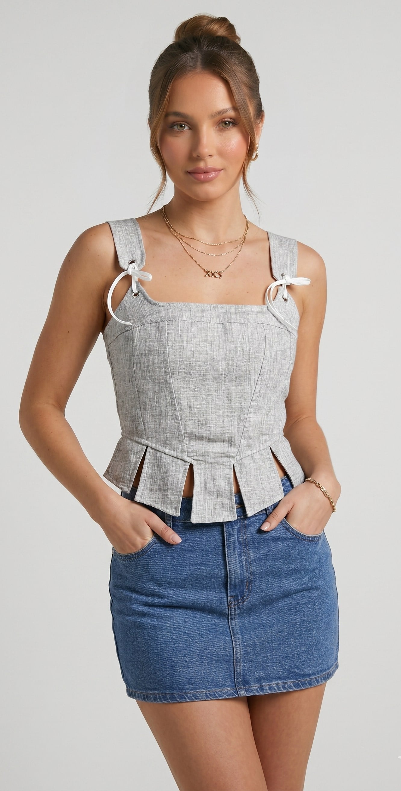 OLIVE-580930 KORSE BLUZ GRİ