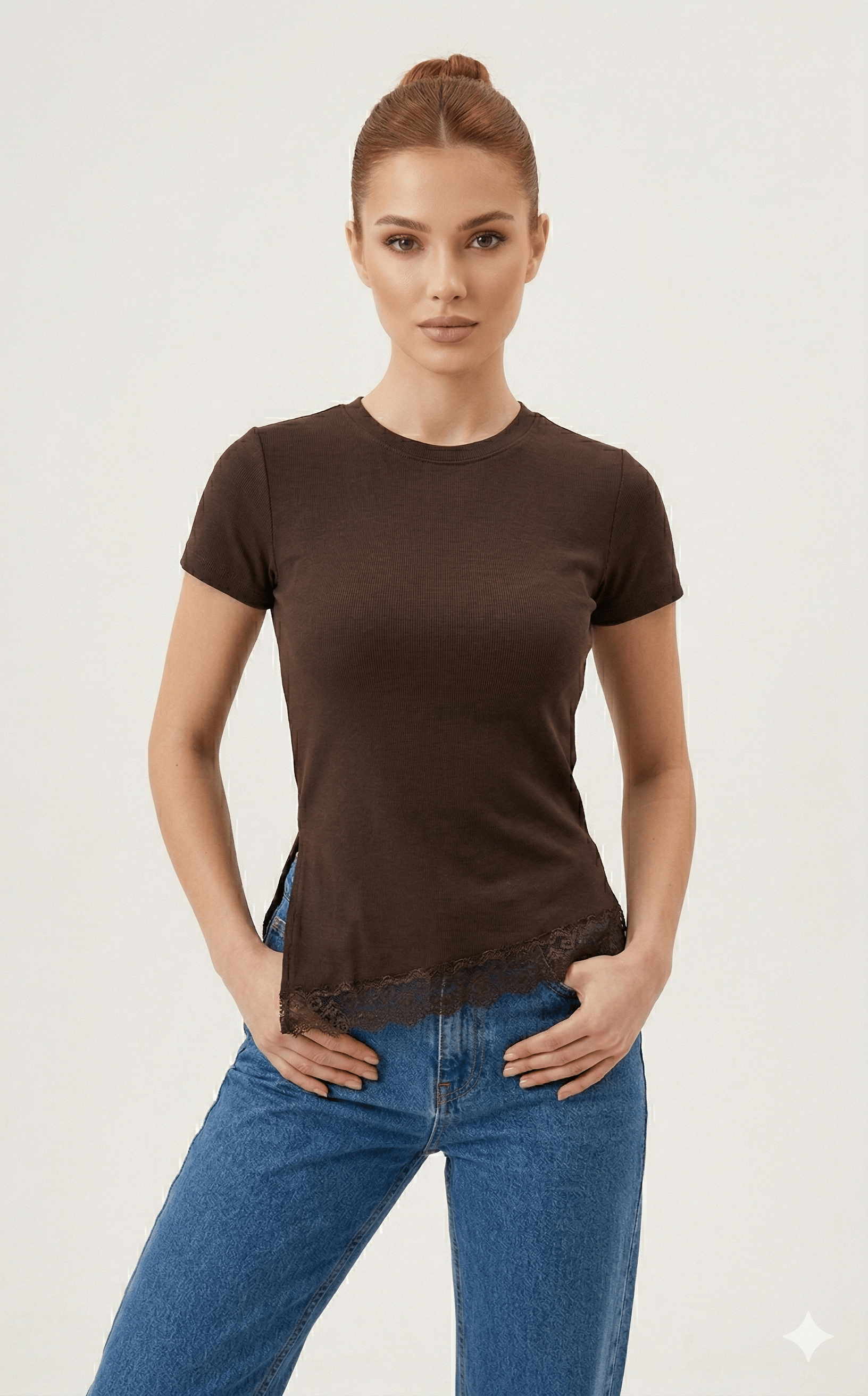 OLIVE-7104 RİBANA DANTEL BLUZ KAHVE