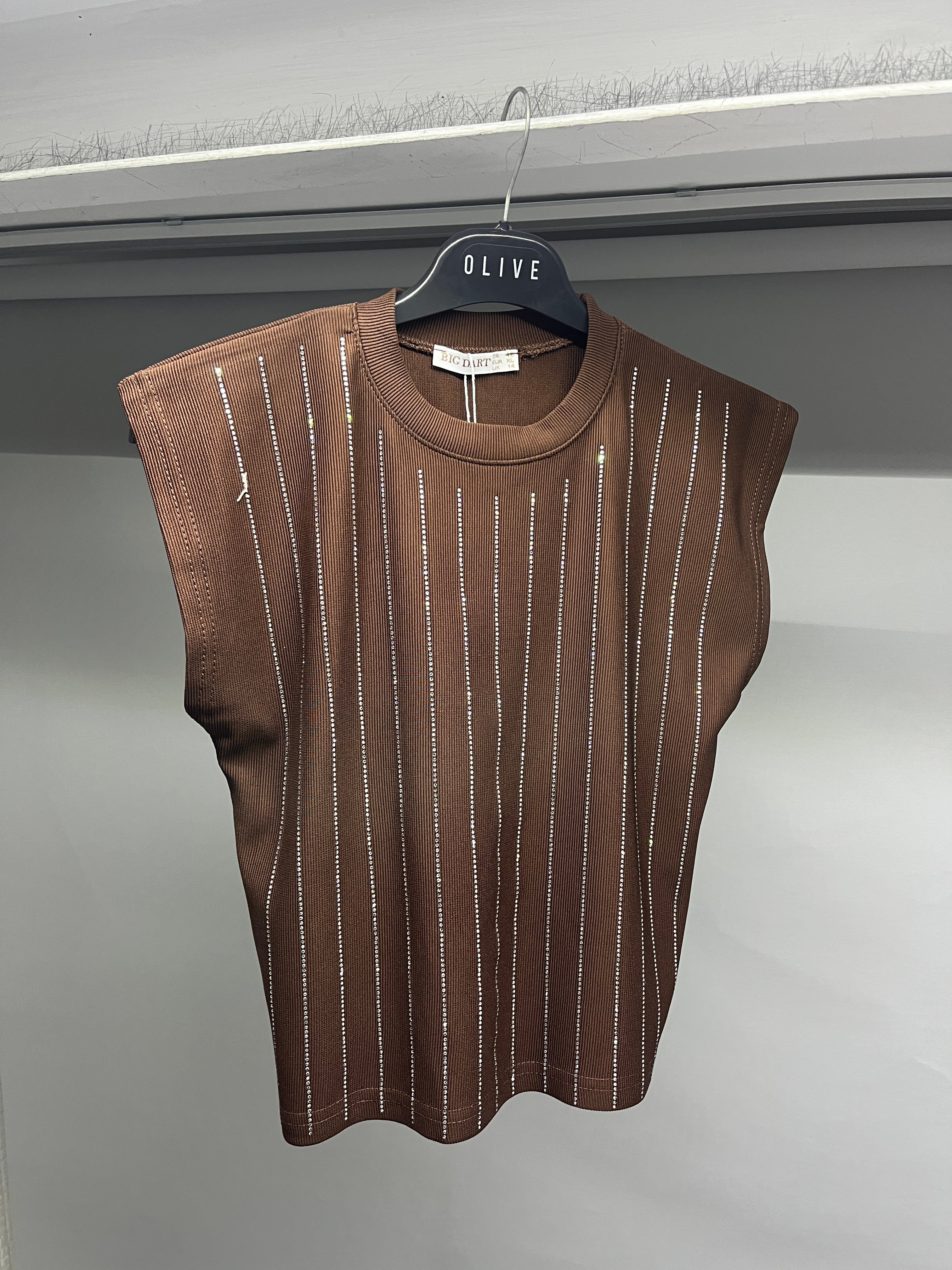 OLIVE-931 TAŞLI BLUZ KAHVE