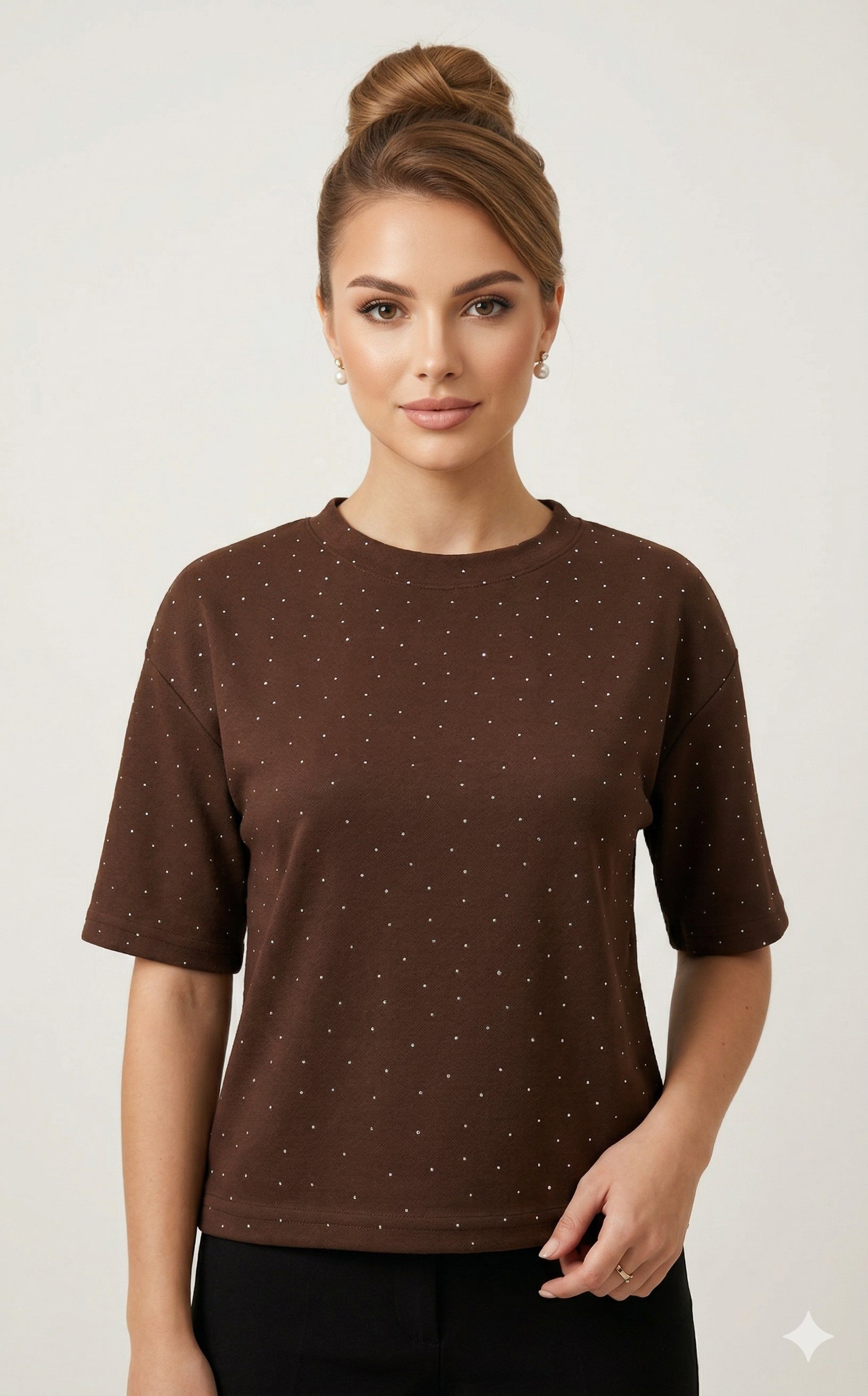 OLIVE-990 TAŞLI BLUZ KAHVE