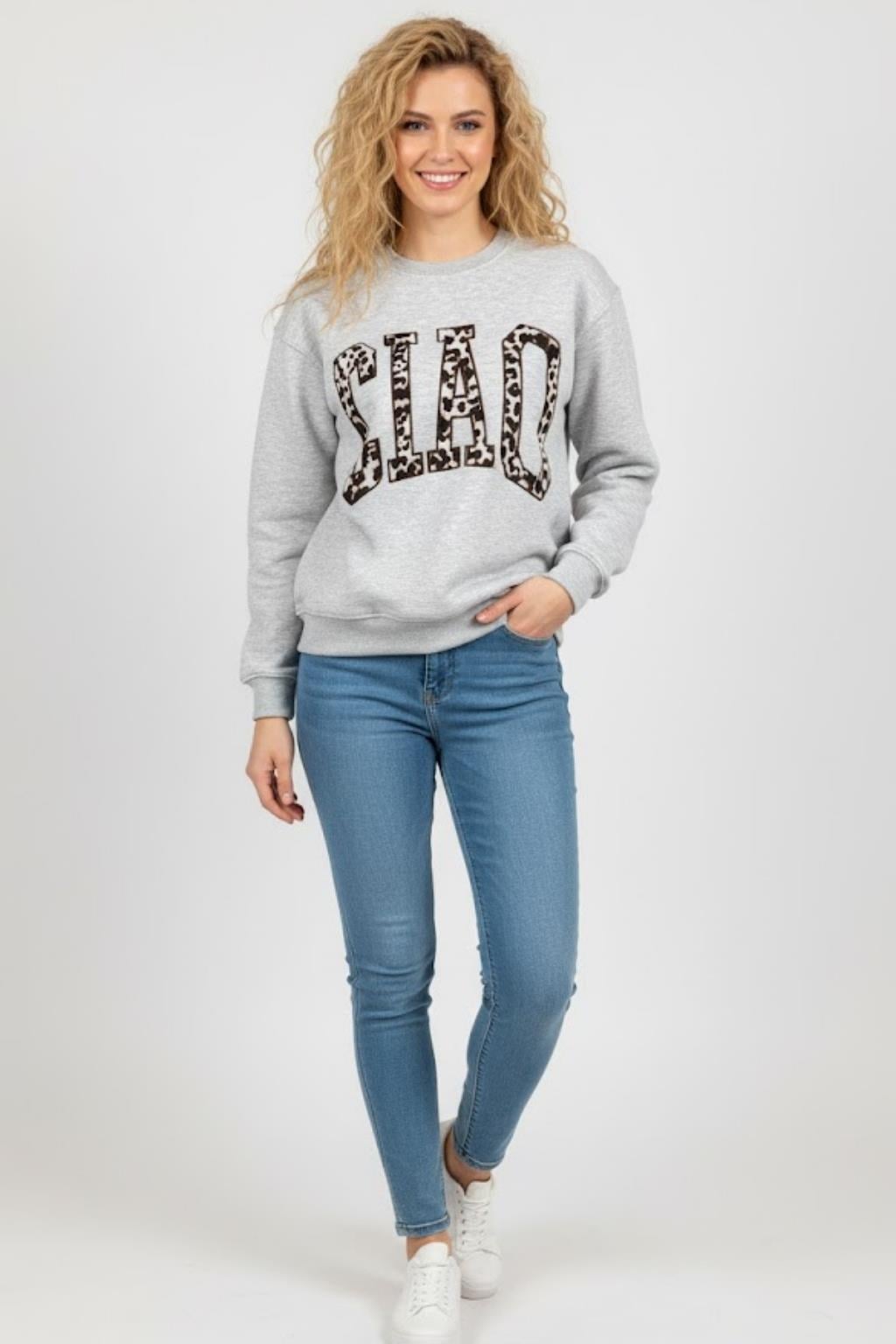 Kadın Leopar Baskılı Sweatshirt M2343 Gri