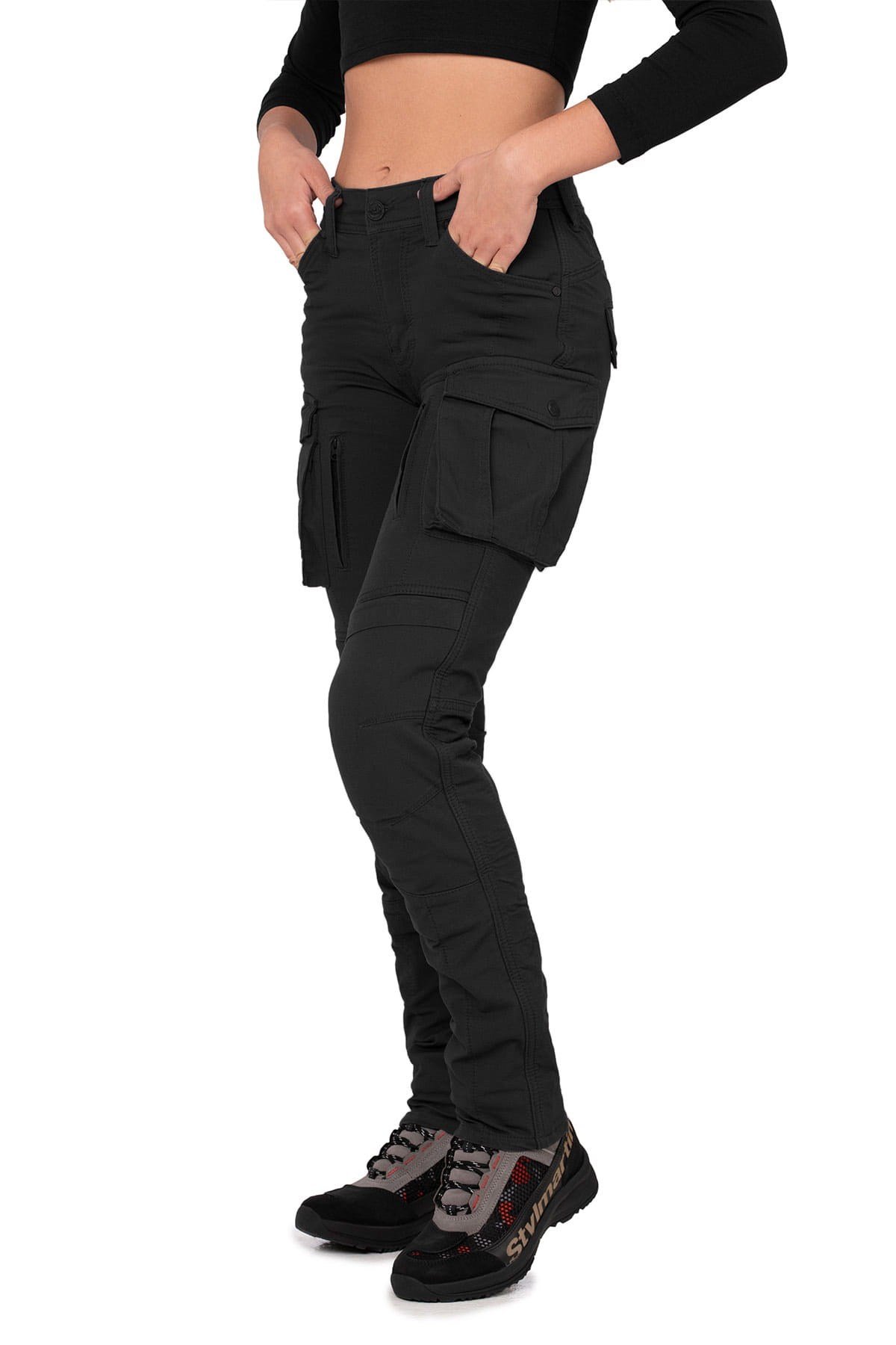 TheBikerJeansTruva Cargo Black Korumalı Motosiklet Pantolonu Kadın