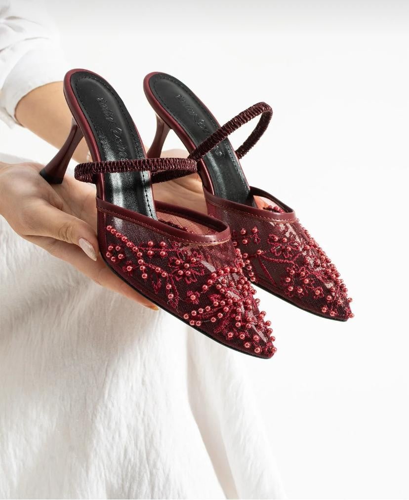 İSABELLA Bordo dantel detaylı 7 cm topuk boyu