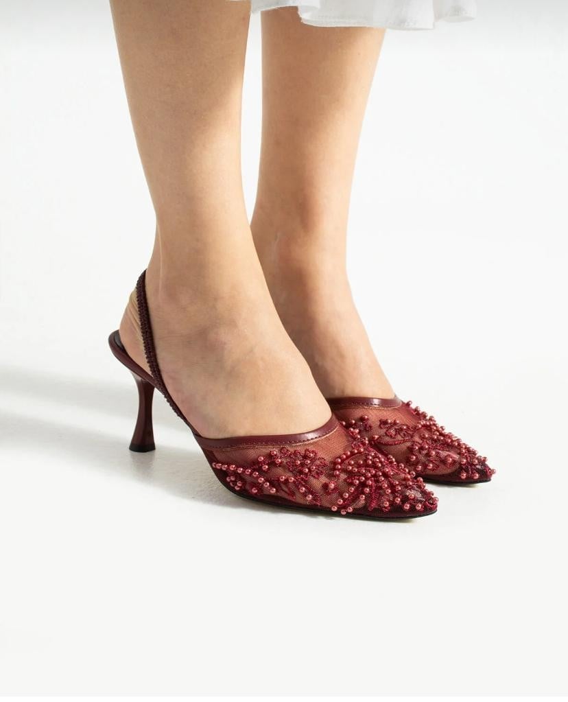 İSABELLA Bordo dantel detaylı 7 cm topuk boyu