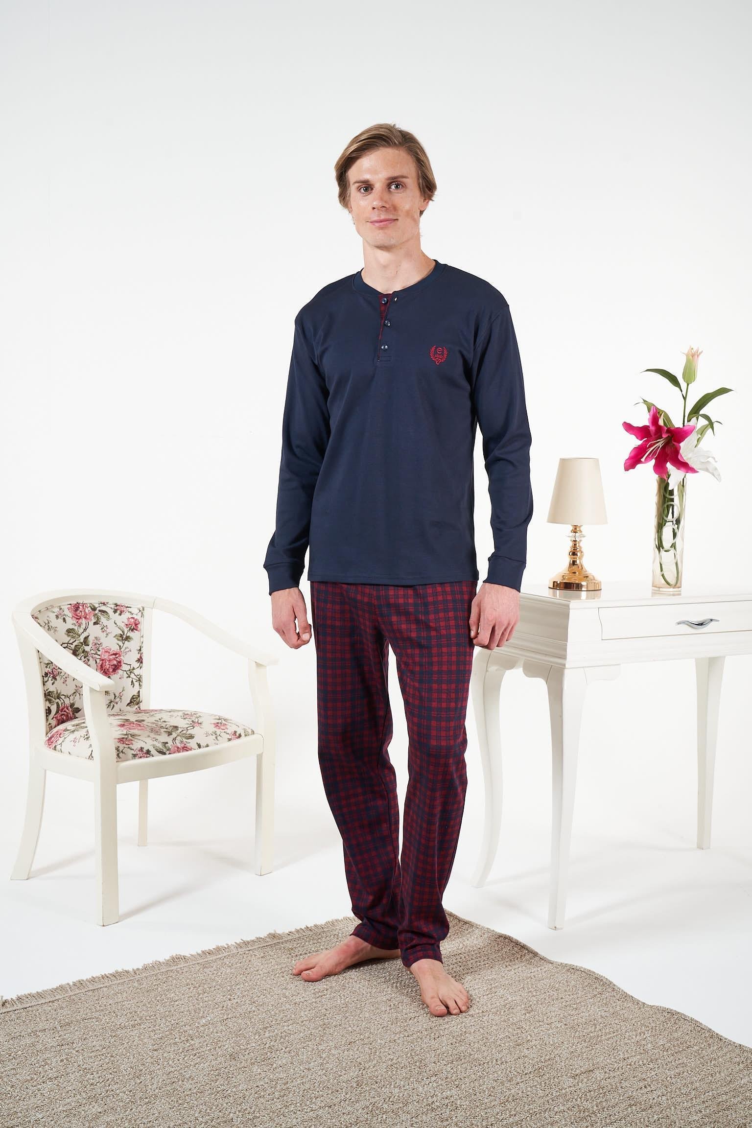 Erkek Altı Ekose Lacivert Penye İnterlok Pijama Takımı - 25432R