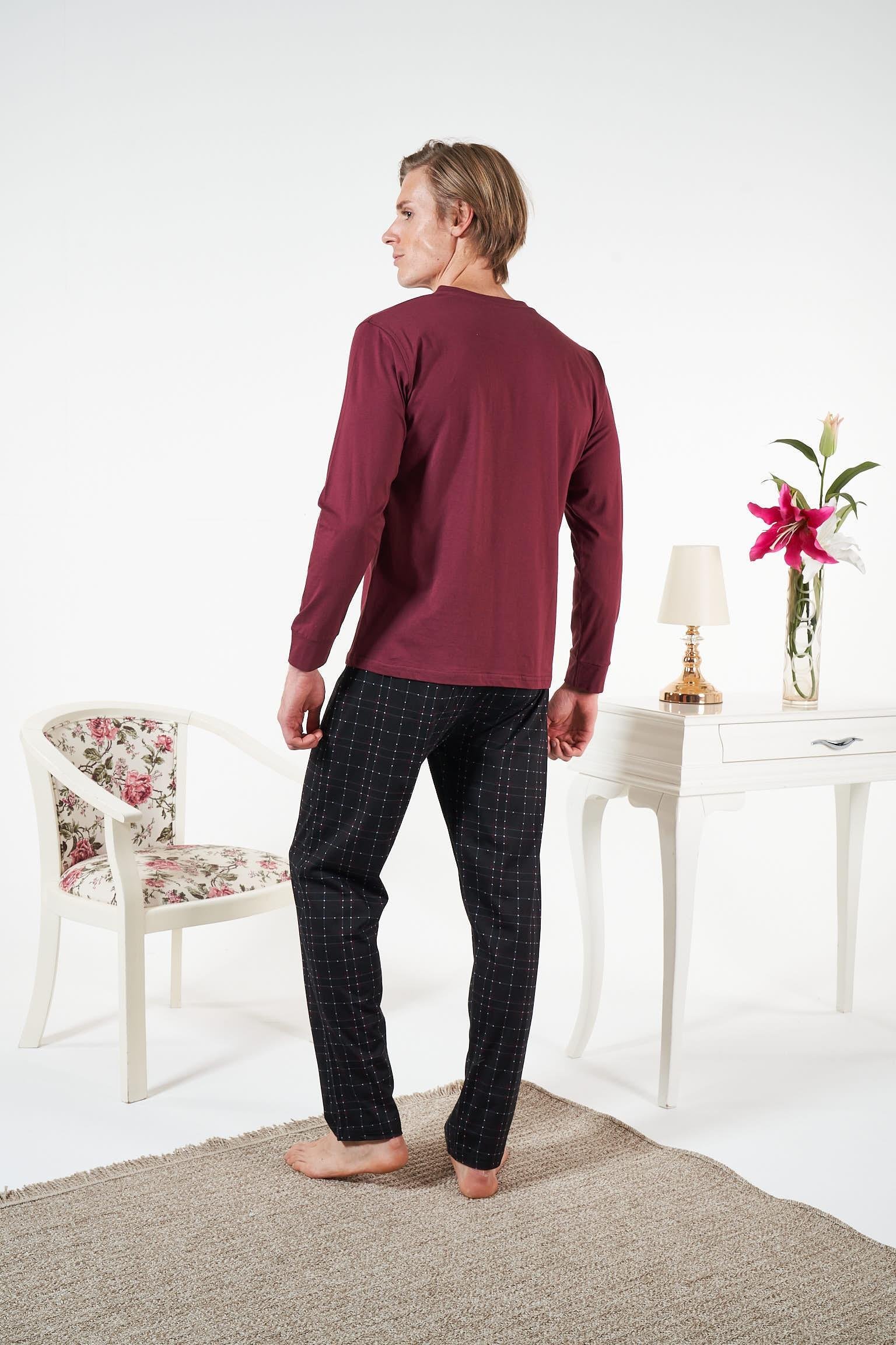 Erkek Bordo Altı Ekose Penye Pijama Takımı - 25412R