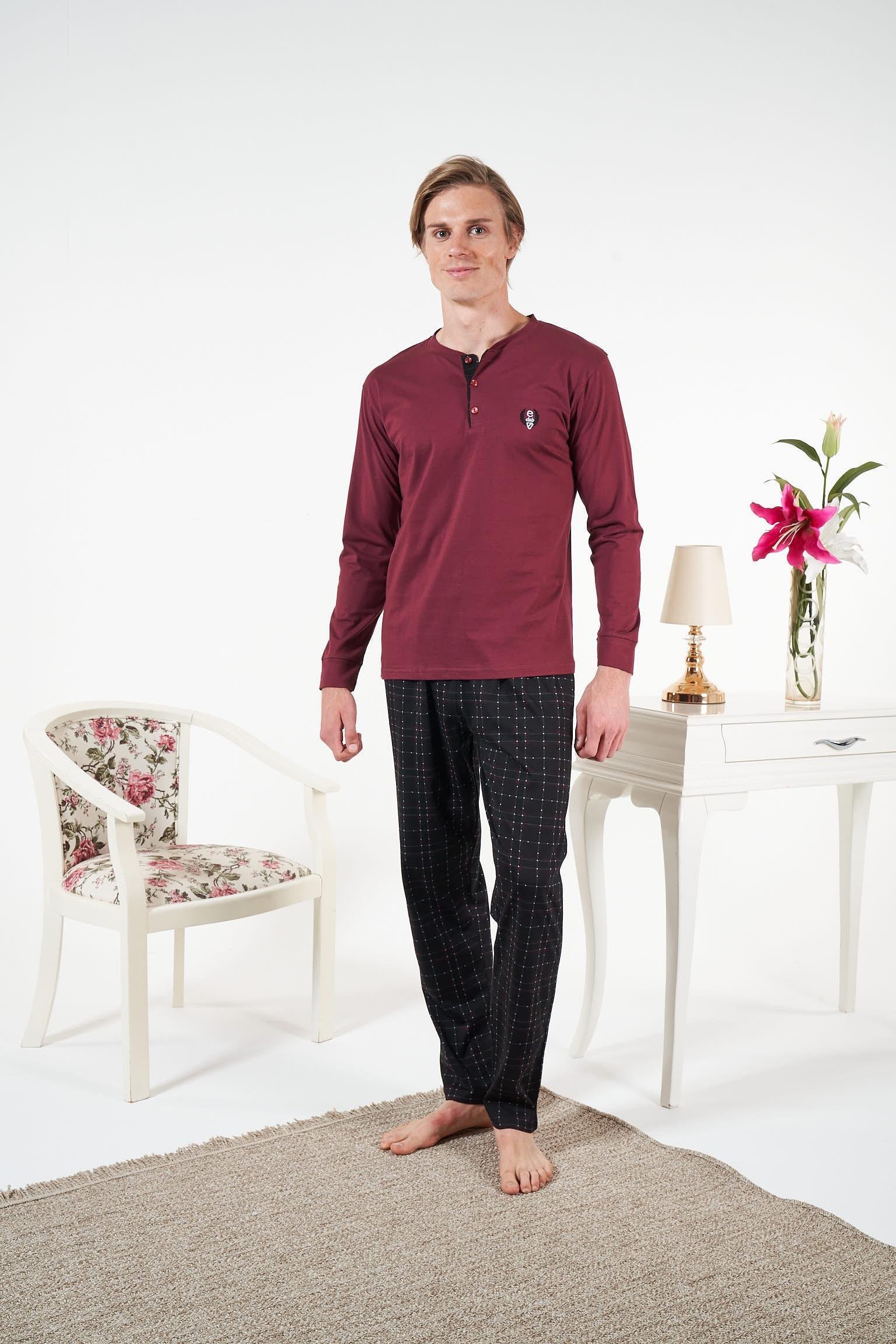 Erkek Bordo Altı Ekose Penye Pijama Takımı - 25412R