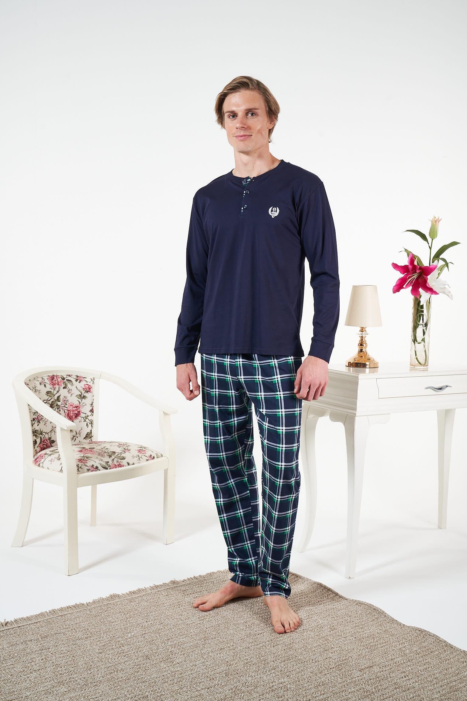 Erkek Lacivert Altı Ekose Penye Pijama Takımı - 25411R