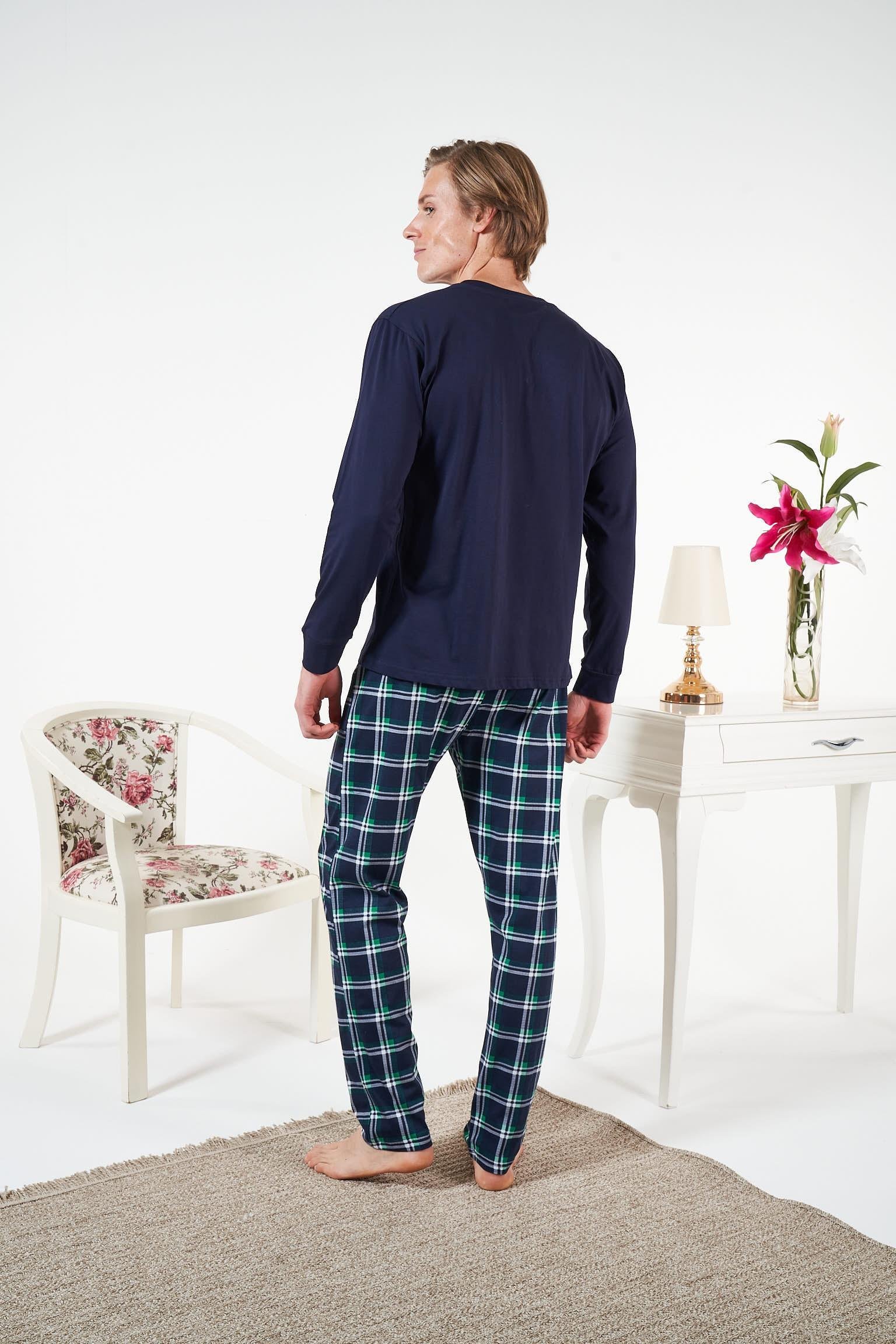 Erkek Lacivert Altı Ekose Penye Pijama Takımı - 25411R