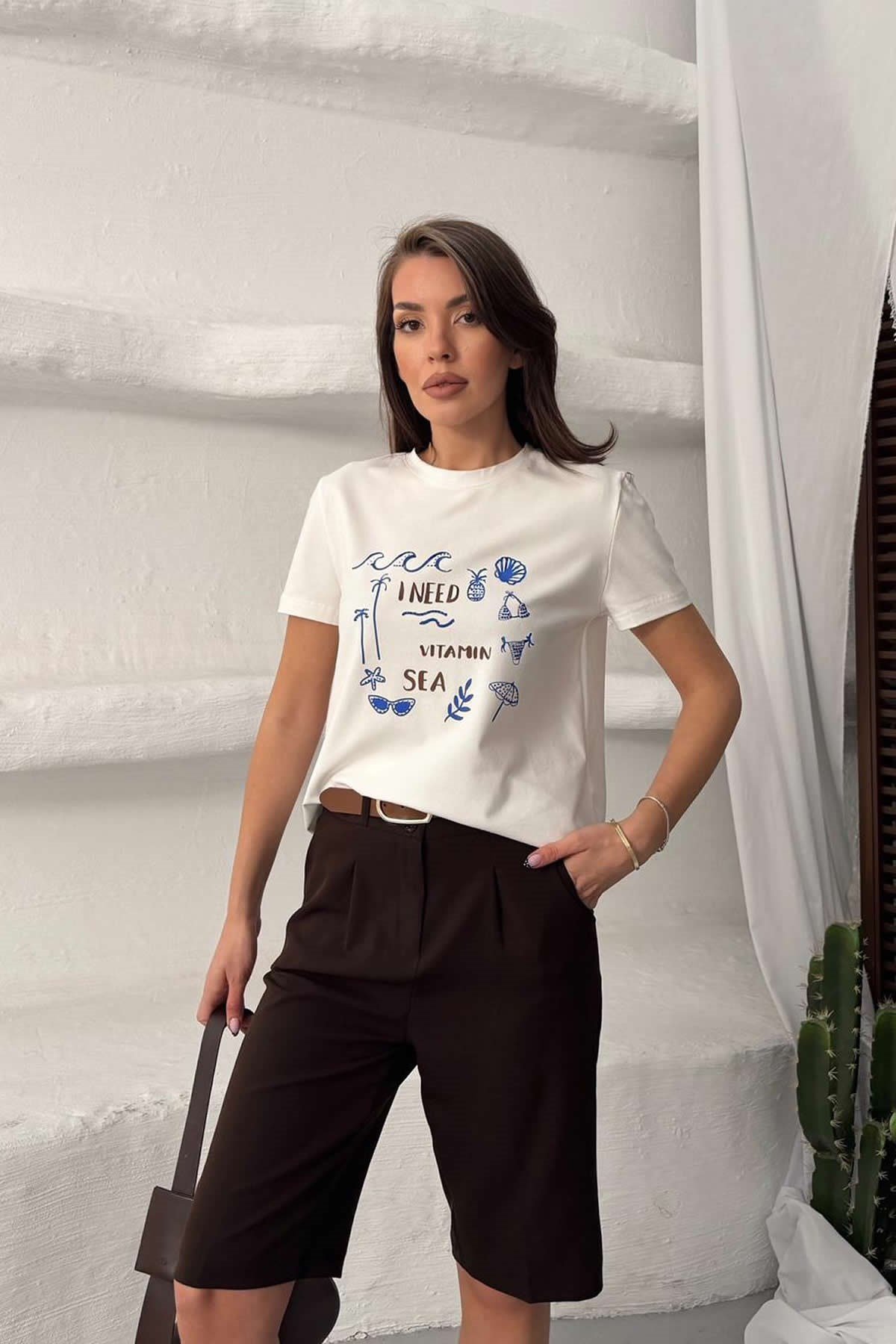 Kadın Beyaz Baskılı %100 Pamuk Tişört - 297RLX