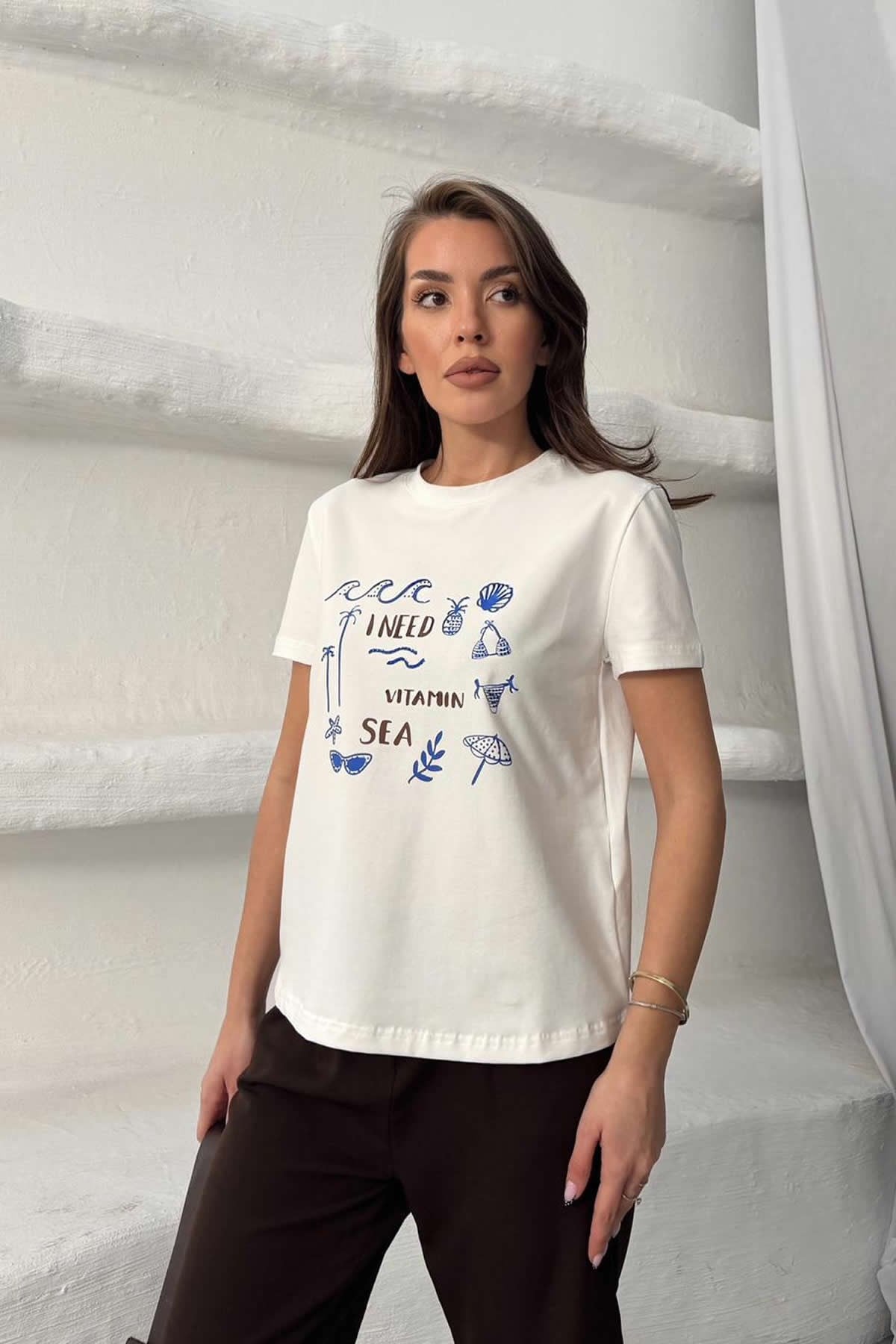 Kadın Beyaz Baskılı %100 Pamuk Tişört - 297RLX