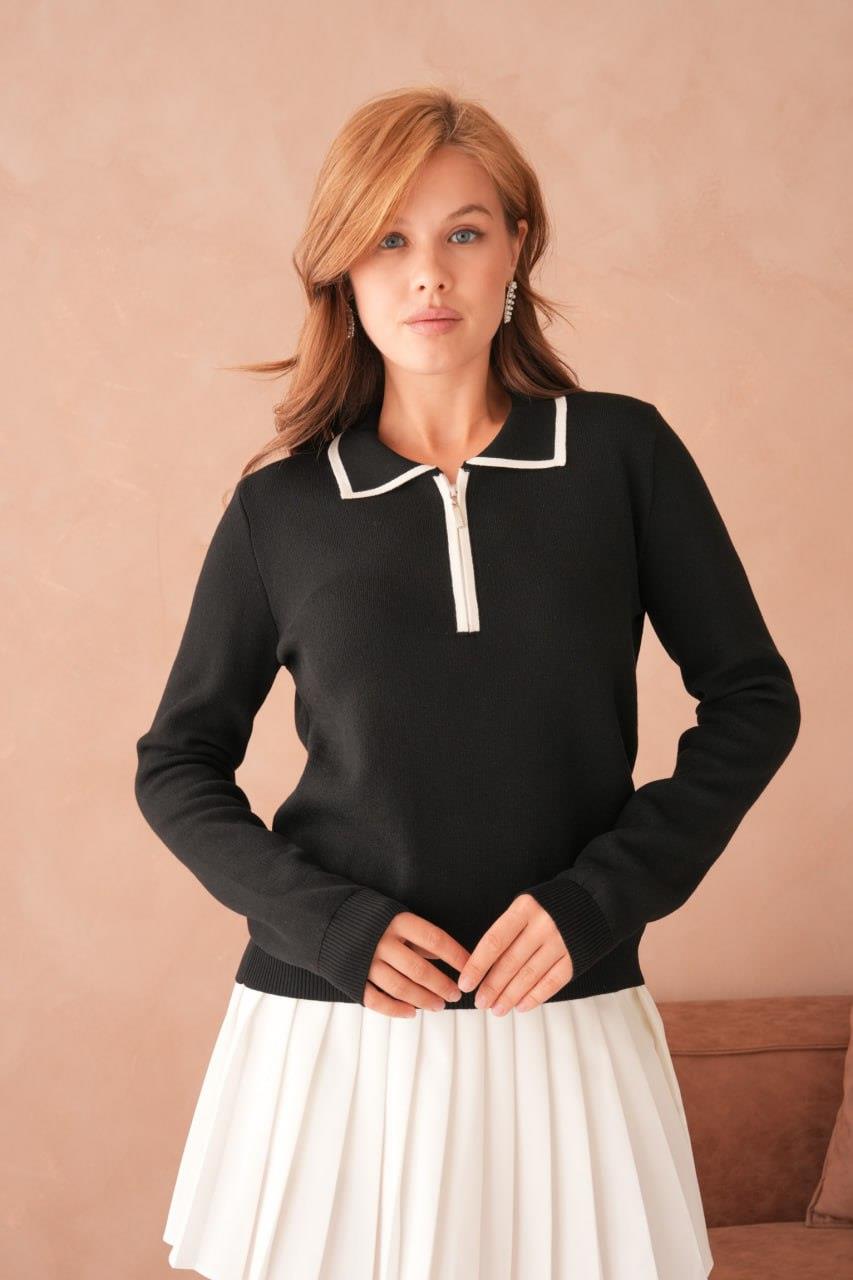 Kadın Fermuarlı Polo Yaka Triko Kazak - 12235R