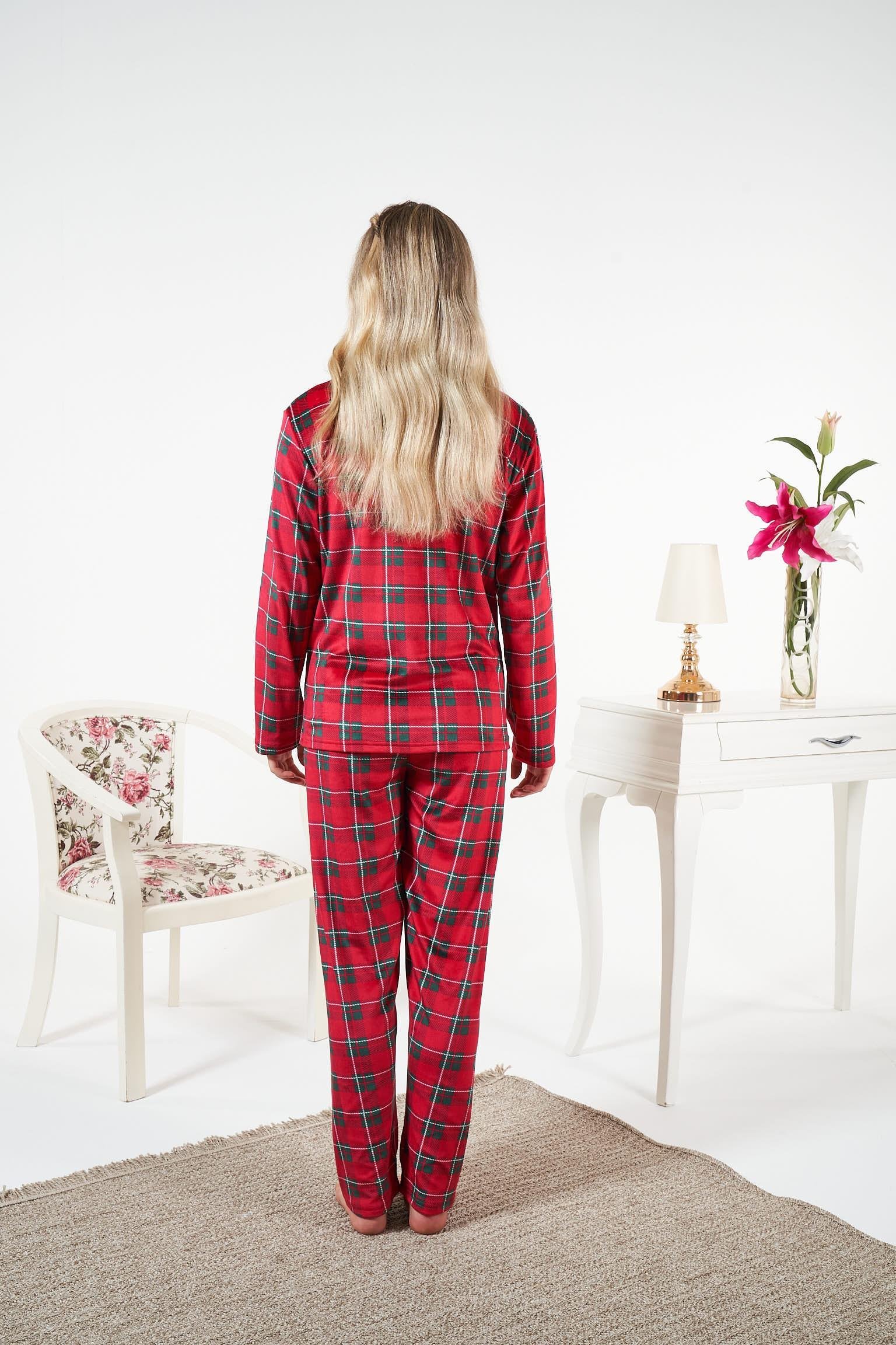 Kadın Kırmızı Kadife Gömlek Pijama Takımı - 25363R