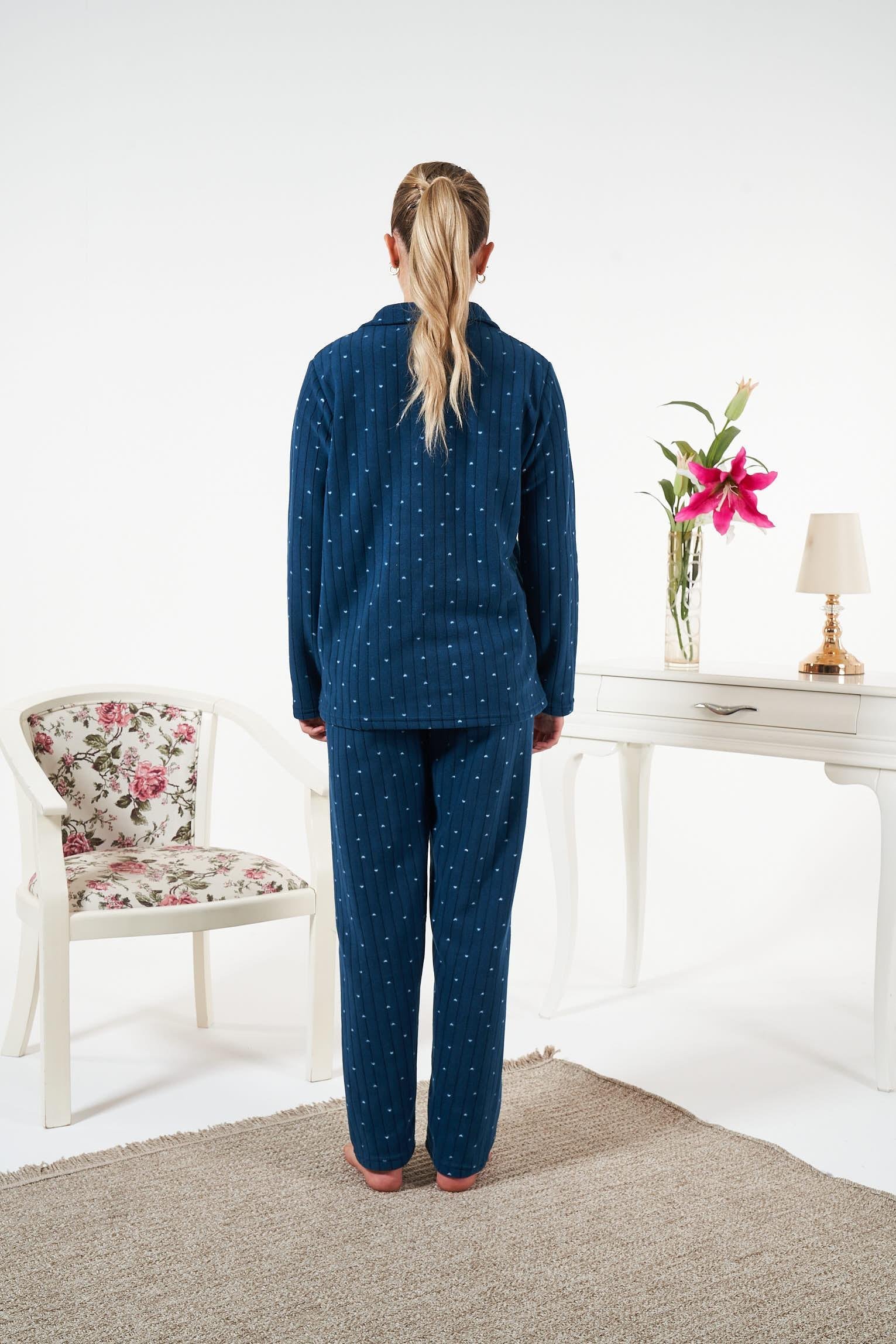 Kadın Lacivert Polar Düğmeli Pijama Takımı - 24318R