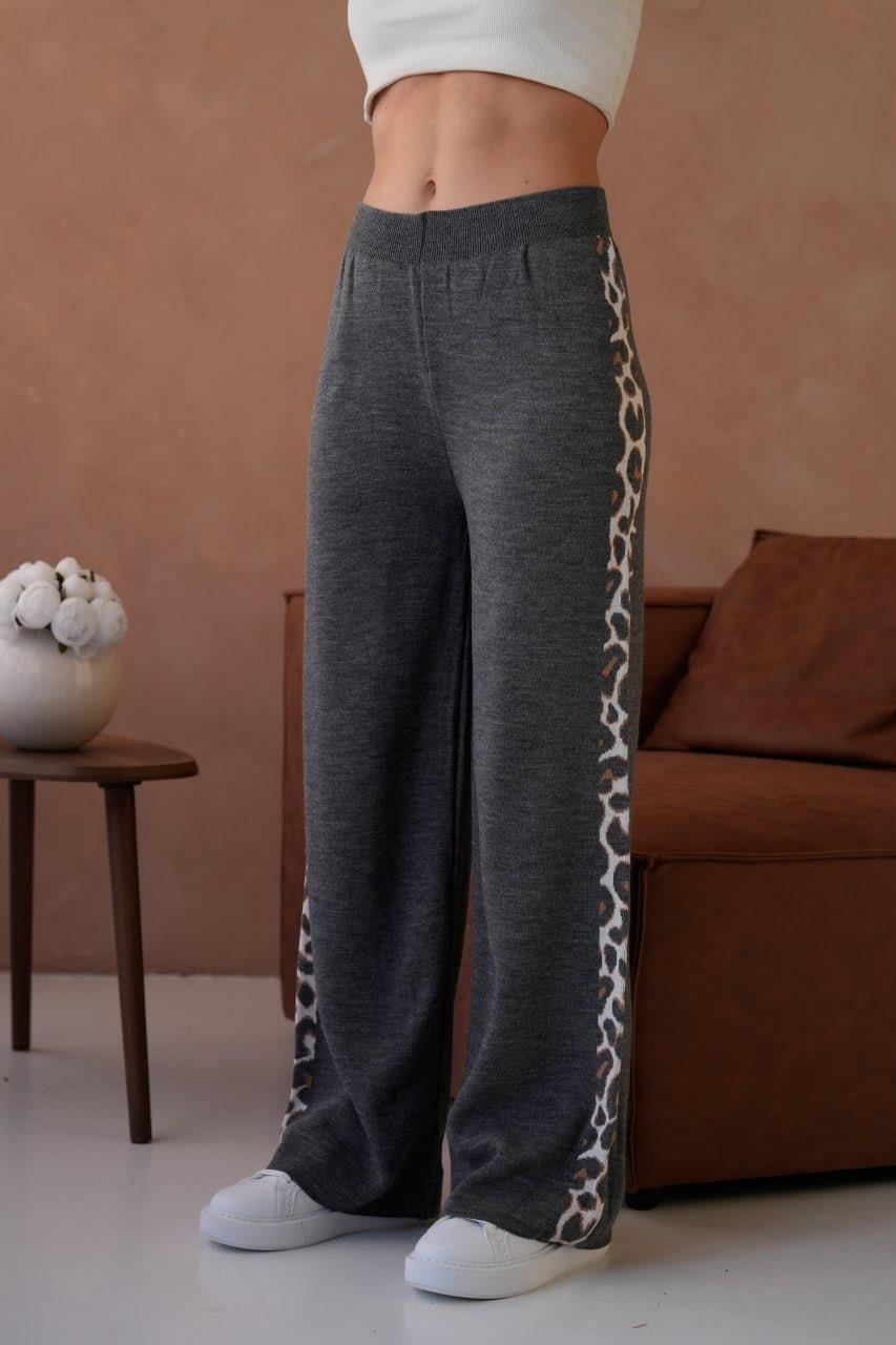 Kadın Leopar Şerit Detaylı Örme Pantolon - 12026R