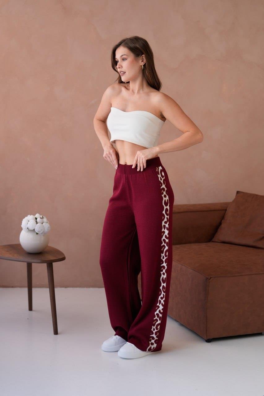 Kadın Leopar Şerit Detaylı Örme Pantolon - 12026R