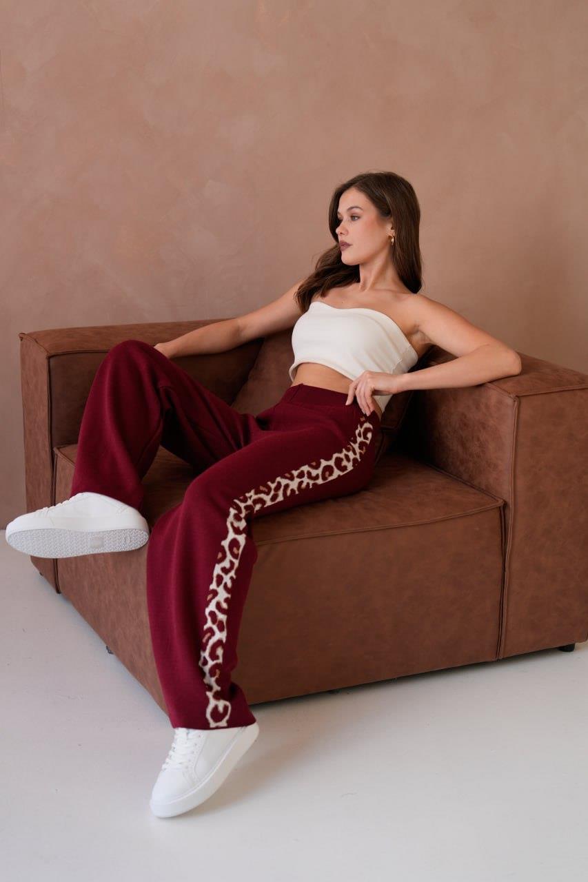 Kadın Leopar Şerit Detaylı Örme Pantolon - 12026R